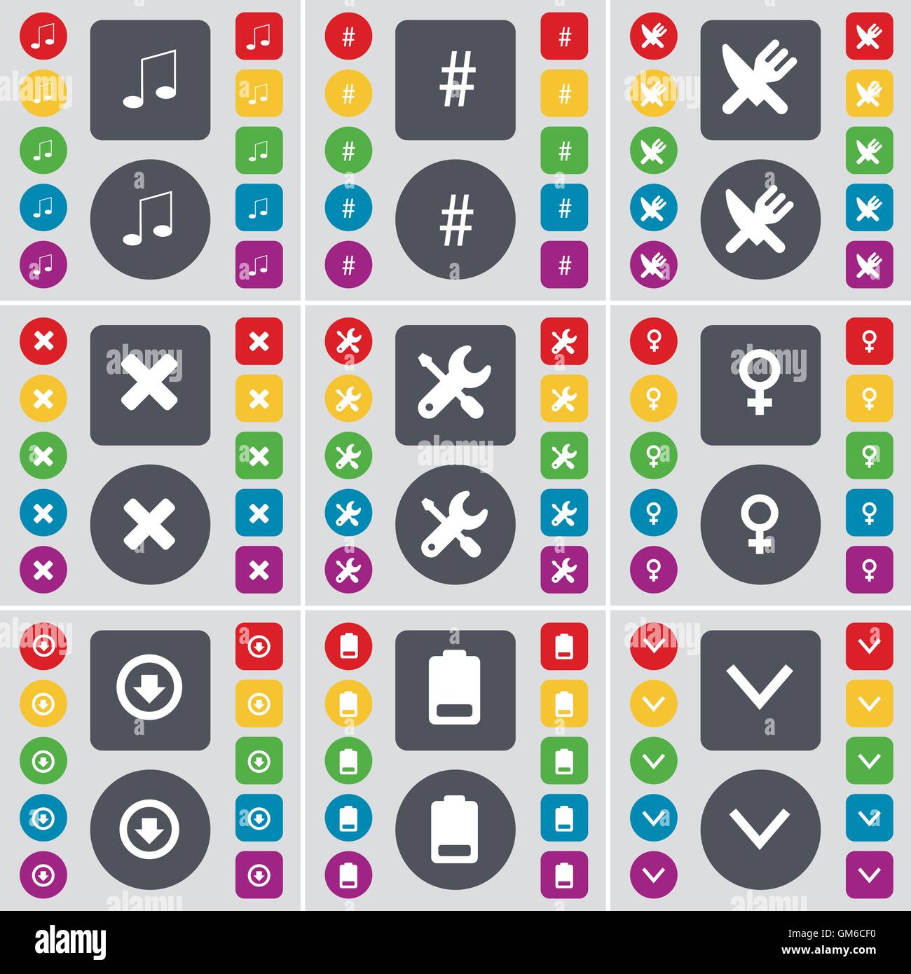 Beachten Sie, Hashtag, Gabel und Messer, Stop, Schraubenschlüssel, Venus Symbol, Pfeil nach unten, Batterie, Pfeil nach unten Symbol Symbol. Eine große Anzahl von flachen, col Stock Vektor