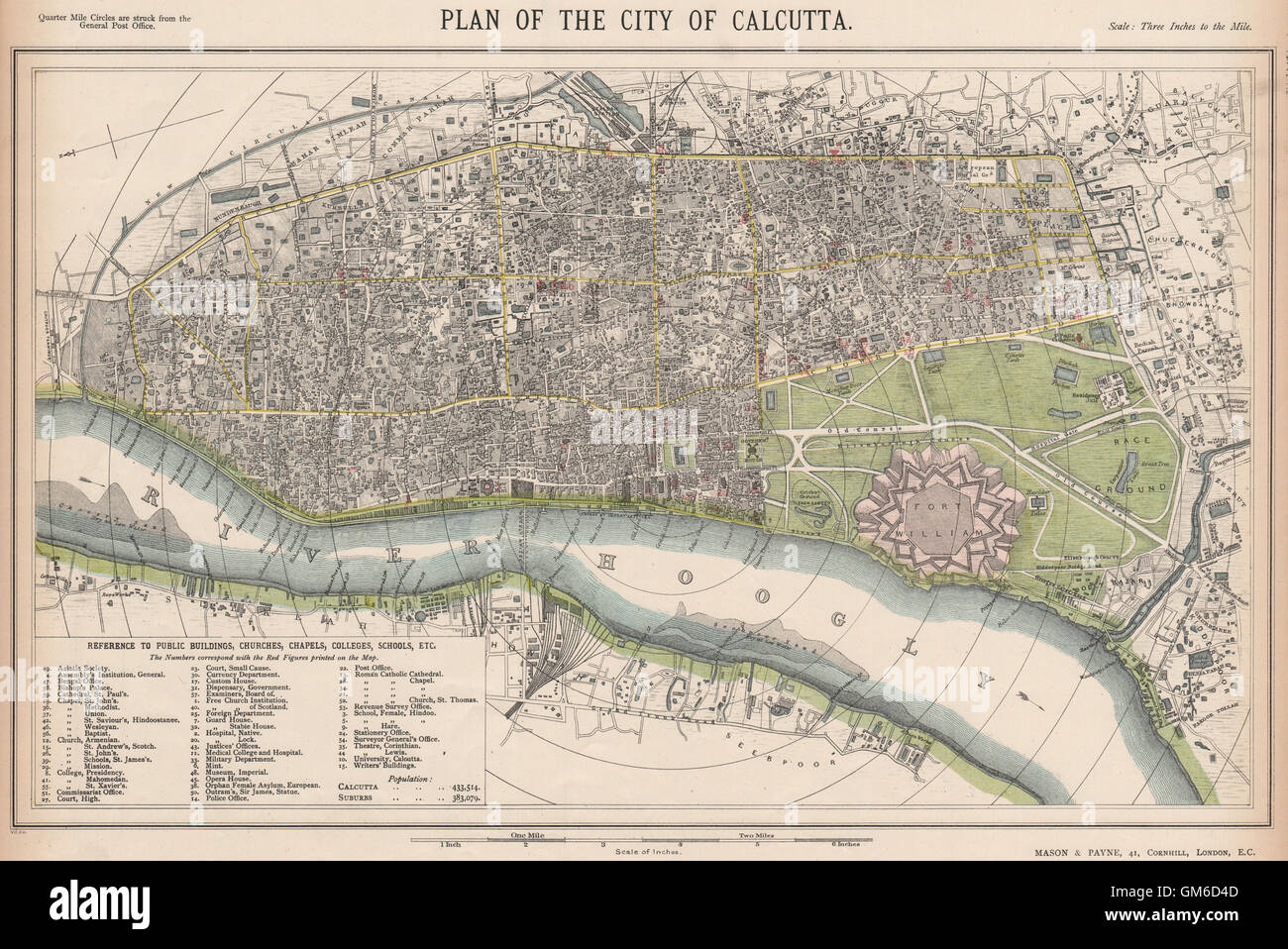 Kalkutta KOLKATA antiken Stadt Karte Stadtplan. Öffentlichen Gebäuden. LETTS, 1889 Stockfoto