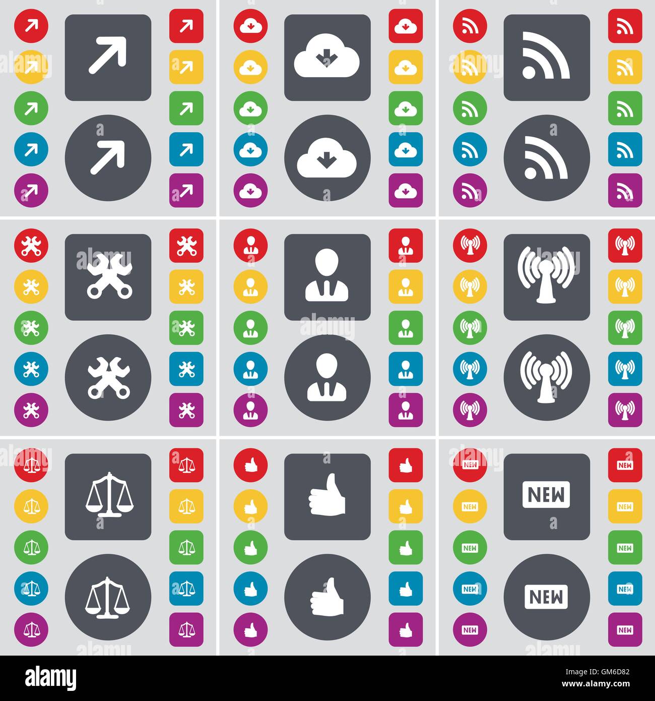 Vollbild, Cloud, RSS, Schraubenschlüssel, Avatar, Wi-Fi, Skalen, wie neues Symbol Symbol. Eine große Anzahl von flachen, farbigen Tasten für Ihr d Stock Vektor