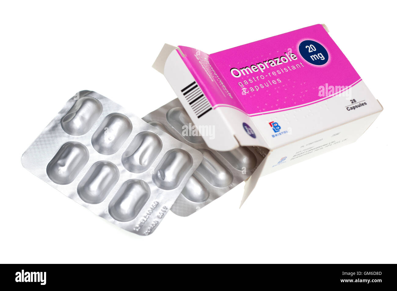 Schachtel mit 28 20mg Omeprazol beständig Gastro Kapseln Stockfoto