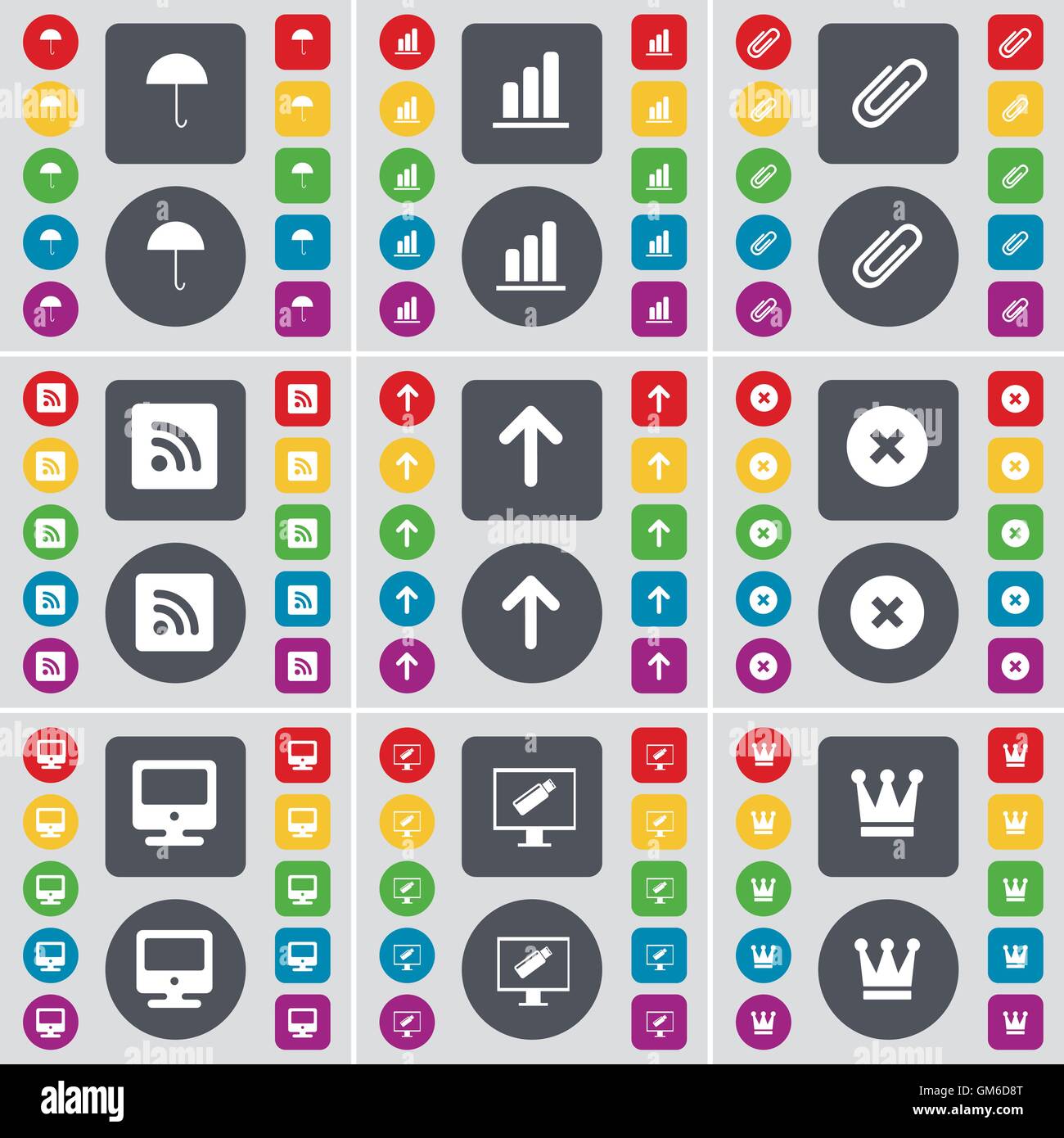 Regenschirm, Diagramm, Clip, RSS, Pfeil nach oben, Stop, Monitor, Kronen-Symbol-Symbol. Eine große Anzahl von flachen, farbigen Tasten für Ihr Design. Stock Vektor