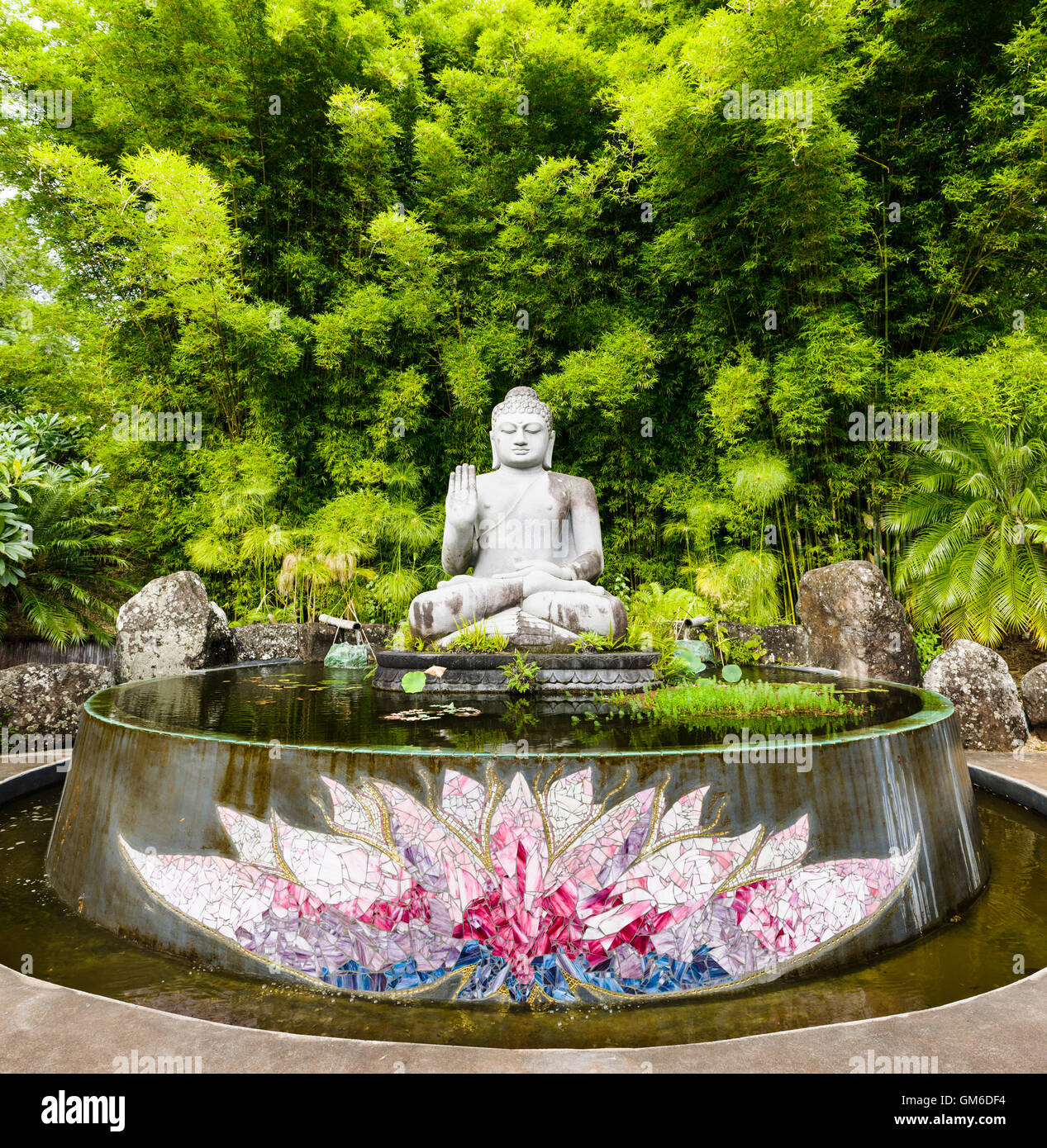 Der Buddha und Lotus-Teich bei Crystal und Shambhala Schlossgarten, in der Nähe von Byron Bay. Stockfoto