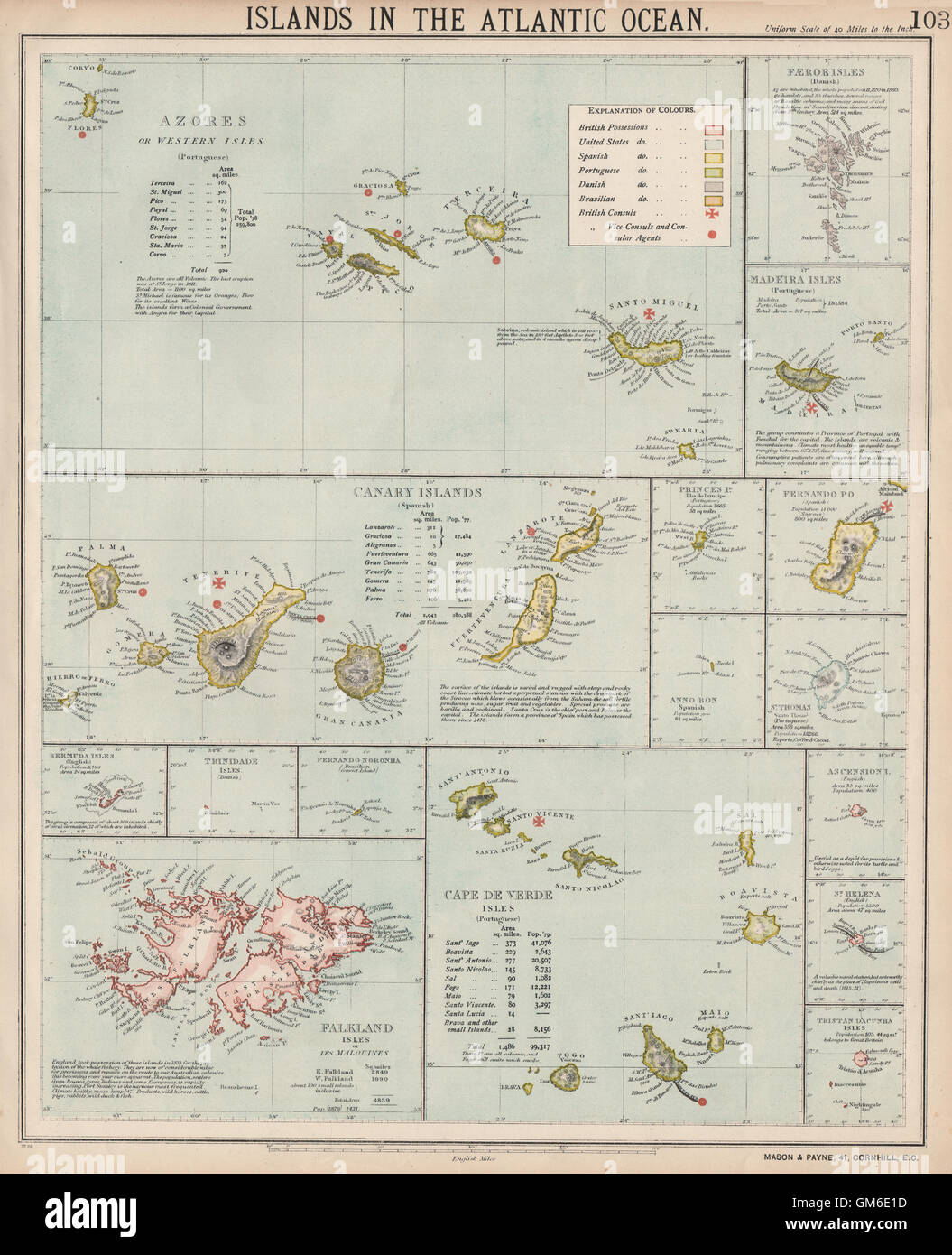 INSELN IM ATLANTISCHEN OZEAN. Azoren Madeira Kanaren Kapverdischen Inseln Falkland. LETTS, 1889-Karte Stockfoto