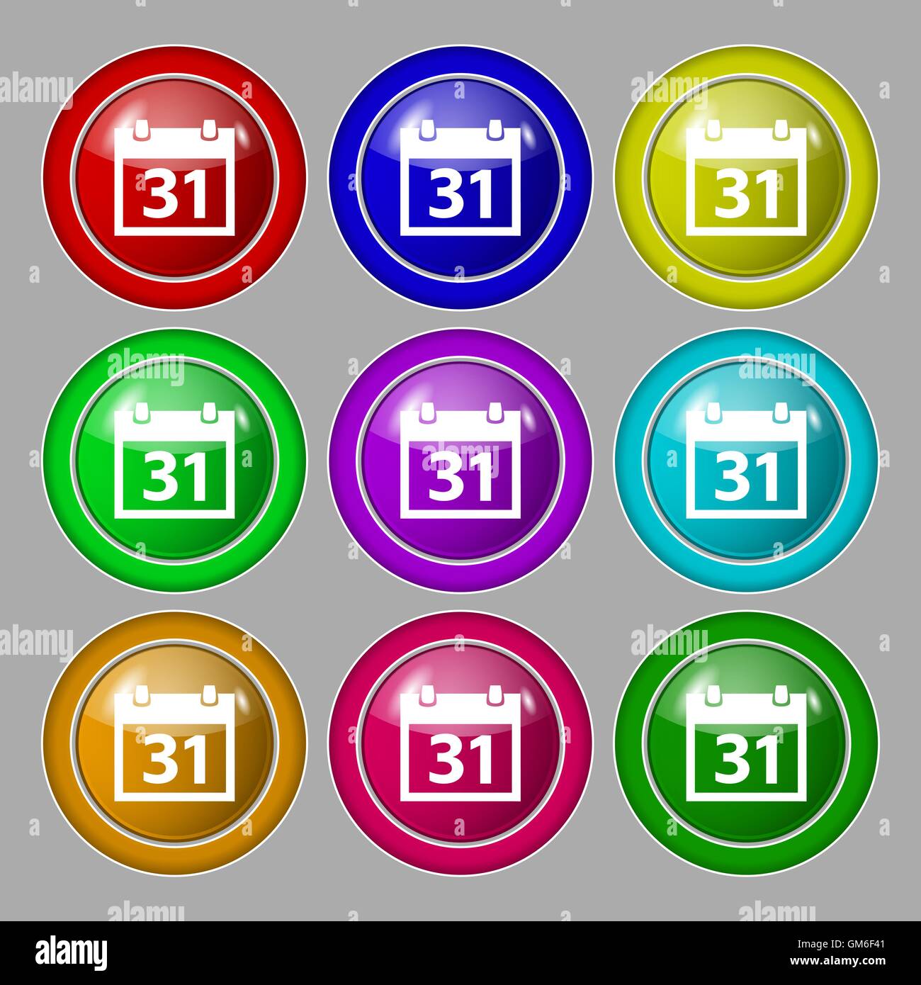 Kalender-Schild-Symbol. 31 Tage-Monat-Symbol. Schaltfläche "Datum". Symbol auf neun Runden bunte Knöpfen. Vektor Stock Vektor