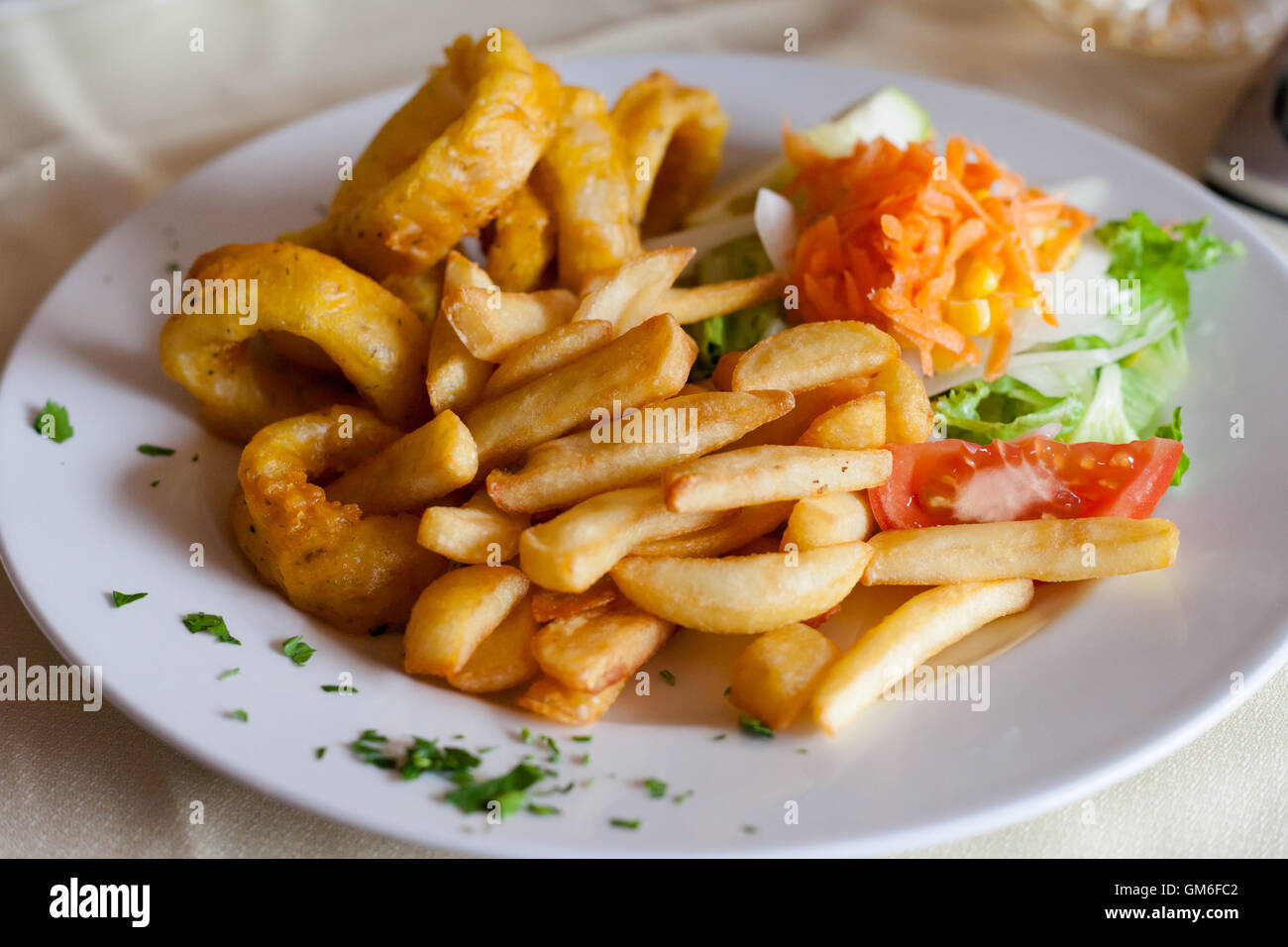 Römischen Stil Tintenfisch frisch frittiert serviert mit Pommes Frites und Salat in lokalen Restaurants in Los Gigantes an tropischen Insel Teneriffa, C Stockfoto