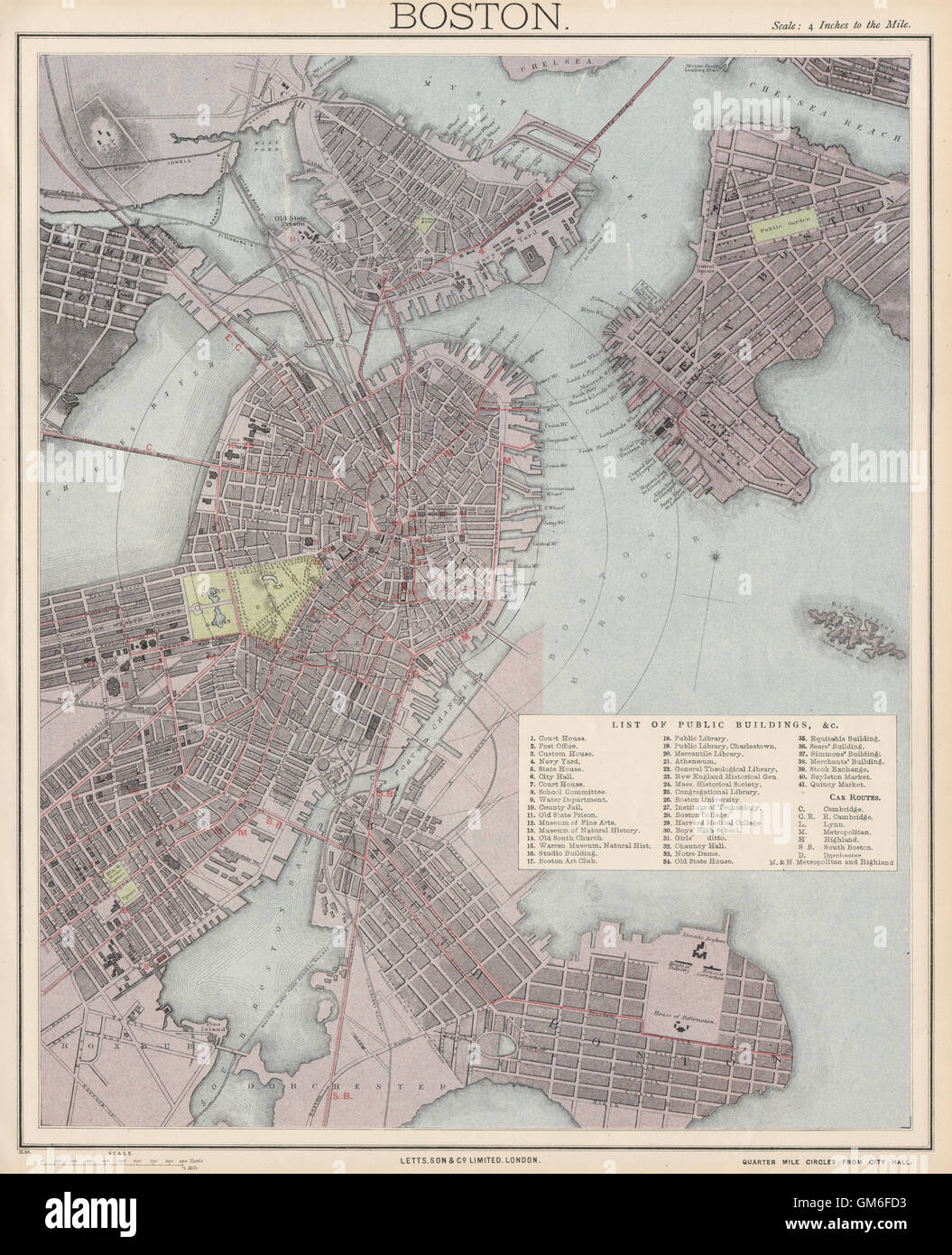 BOSTON Antik Stadt Karte Stadtplan. Charlestown. LETTS, 1889 Stockfoto
