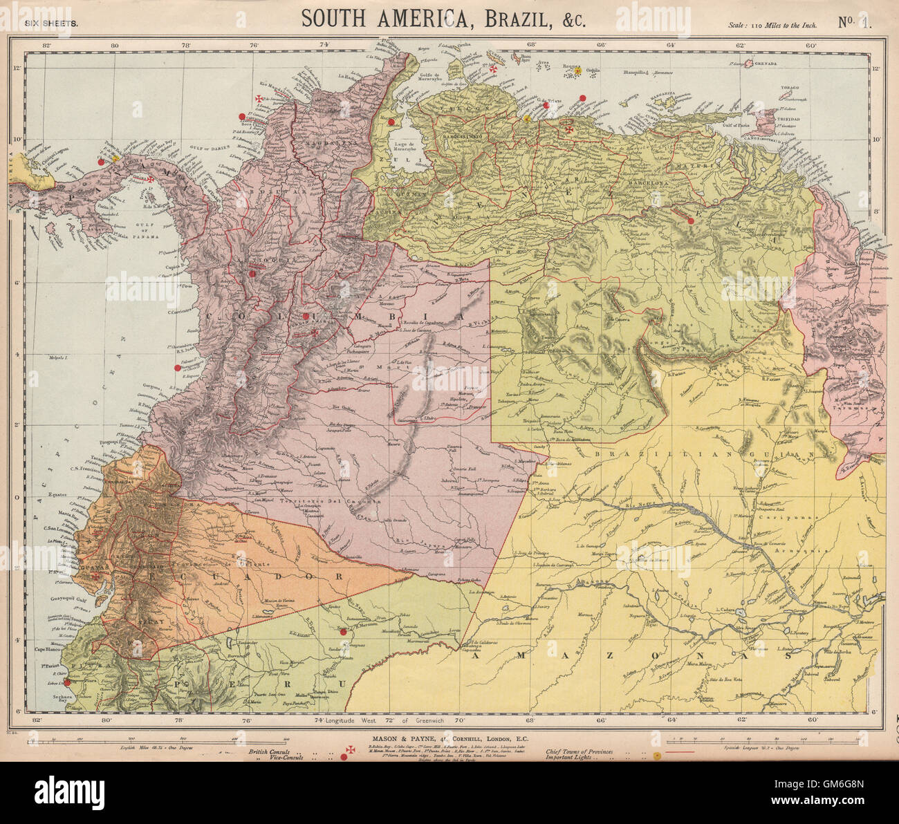 AMAZONIA & ANDEN-STAATEN. Kolumbien vor der Trennung von Panama. LETTS, 1889-Karte Stockfoto