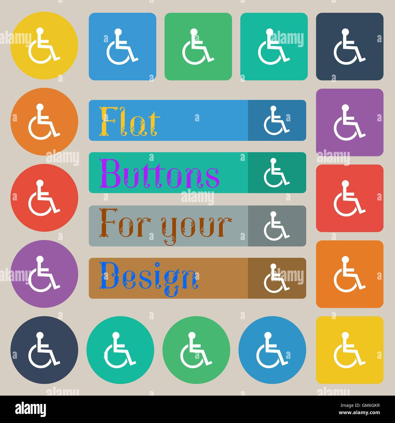 Deaktiviert zeichen Symbol. Menschen auf der Rollstuhl Symbol. Behinderte ungültige Zeichen. Set aus 20 farbigen flache, runde, quadratische und rechteckige Buttons. Vektor Stock Vektor