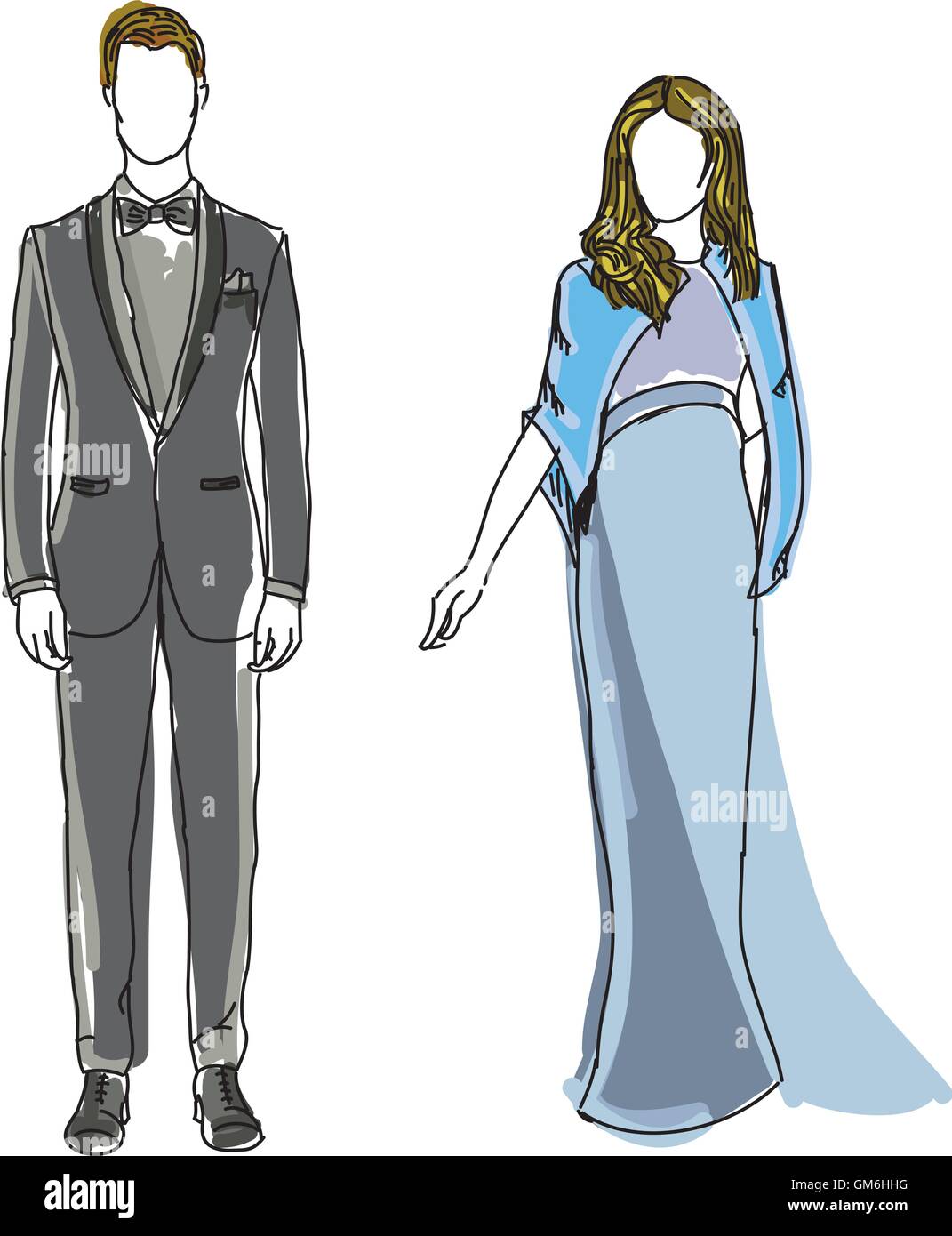 Gezeichnete Mann in Anzug und Frau in blauem Kleid Stock Vektor