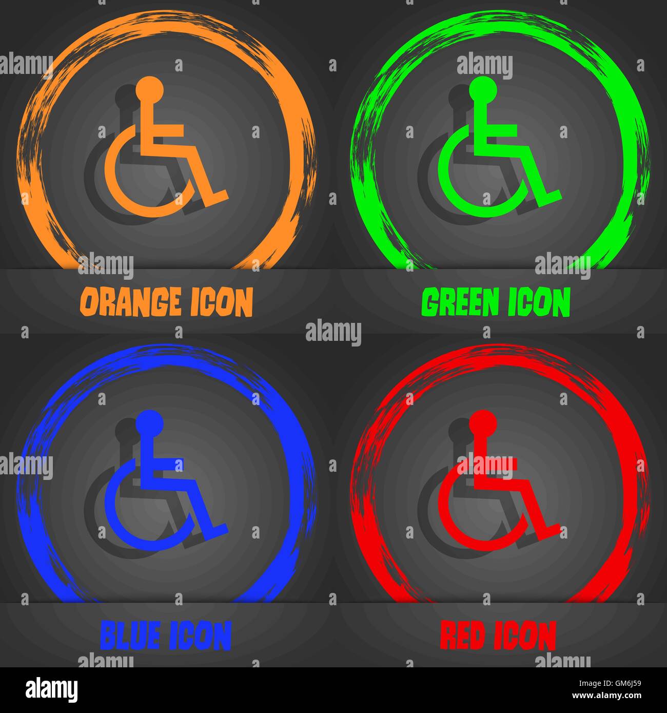 Deaktiviert zeichen Symbol. Menschen auf der Rollstuhl Symbol. Behinderte ungültige Zeichen. Modernen Stil. In den Orange, Grün, Blau, Rot Design. Vektor Stock Vektor