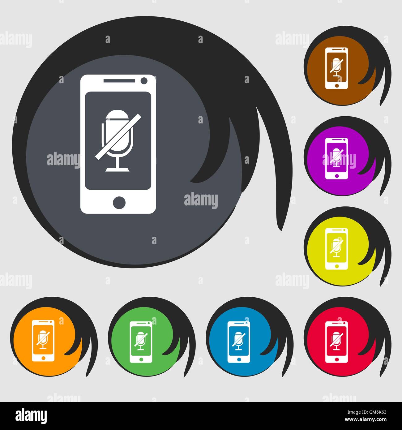 Kein Mikrofon-Schild-Symbol. Lautsprecher-Symbol. Symbole auf acht farbigen Tasten. Vektor Stock Vektor