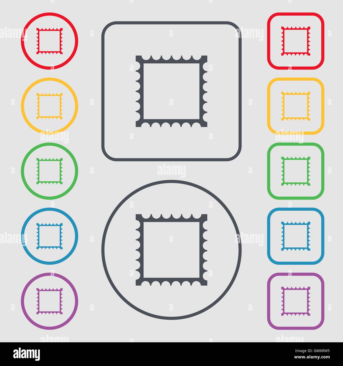 Photo Frame Vorlage Symbol Zeichen. Symbole auf der Runde und Platz-Tasten mit Rahmen. Vektor Stock Vektor