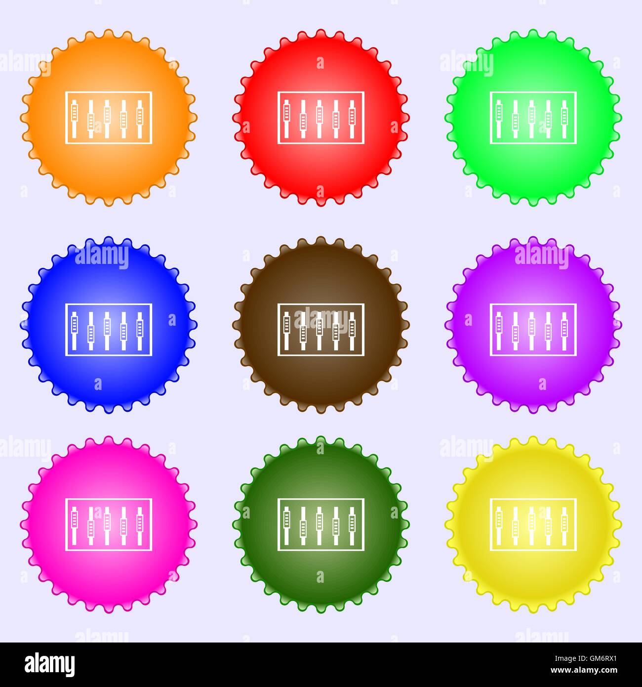 DJ-Pult mischen Griffe und Knöpfe, Symbole. Eine Reihe von neun verschiedenen farbigen Etiketten. Vektor Stock Vektor