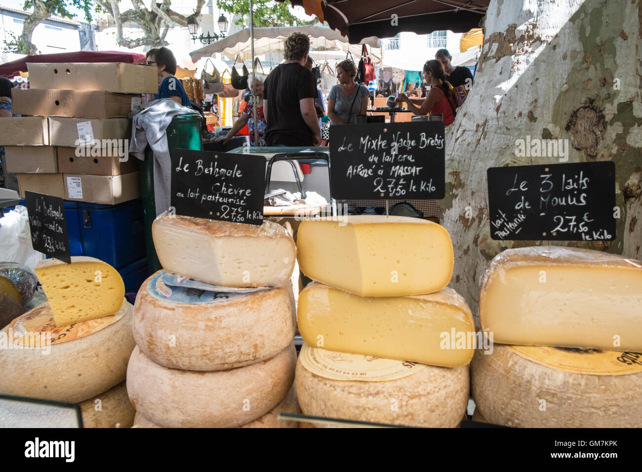 Verkauf, Käse, Stall, an esperaza Sonntag Markt, Aude, Süden, Frankreich. Beliebte wöchentliche Nahrung und Kleidung Markt mit viel frische Lebensmittel lokal produziert. Stockfoto