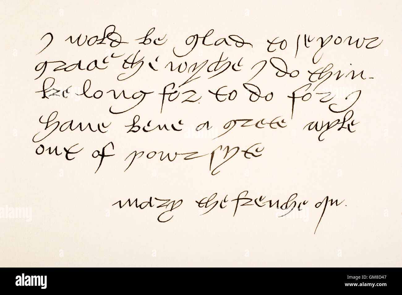 Mary Tudor, 1496-1533. Königin von Frankreich als die dritte Ehefrau von Louis XII von Frankreich.   Hand-Schriftprobe und Unterschrift. Stockfoto