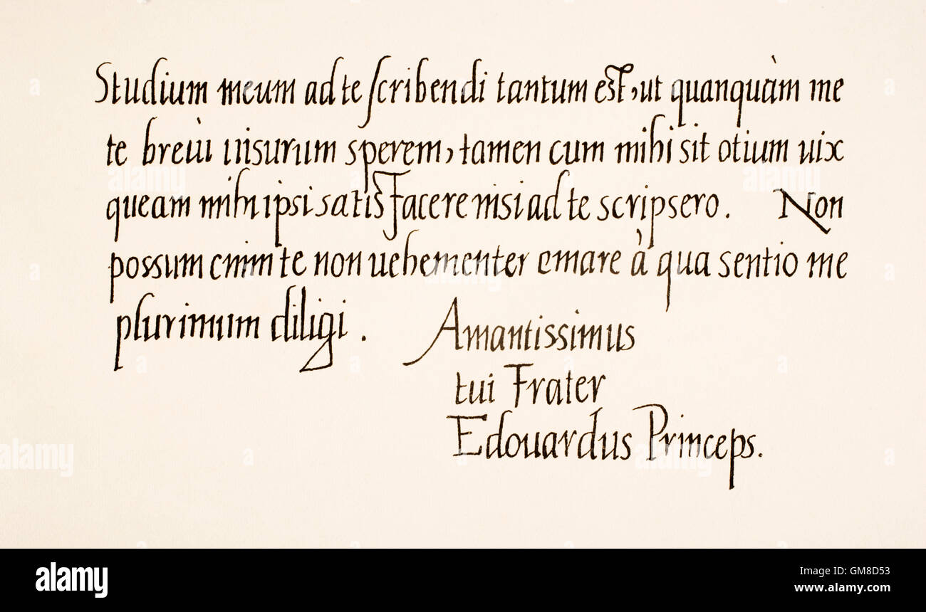 Eduard VI., 1537 – 1553.  König von England und Irland.  Hand-Schriftprobe und Unterschrift. Stockfoto