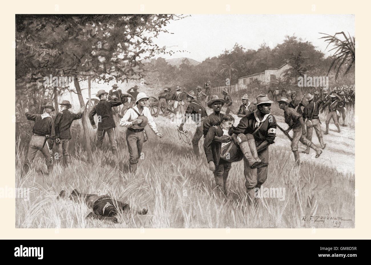 Die Hotchkiss-Batterie in Aktion bei der Schlacht von Las Guasimas, 24. Juni 1898 in den Spanisch-Amerikanischen Krieg. Stockfoto