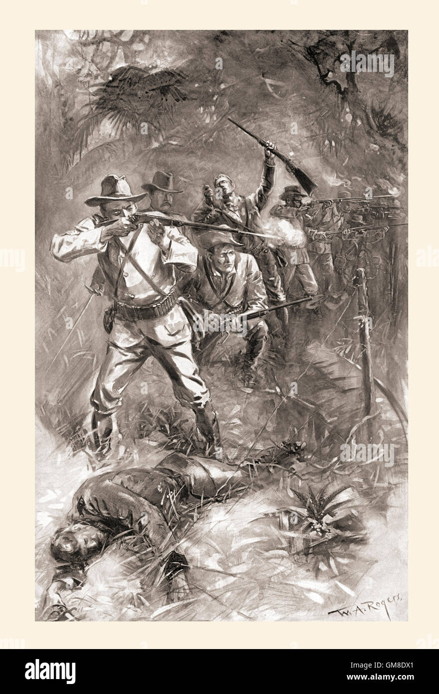 Die Schlacht von Las Guasimas, 24. Juni 1898 während des Spanisch-Amerikanischen Krieges.  Der heroische Stand von Rough Riders, Theodore Roosevelt kann zweite von links stehenden Soldaten gesehen werden. Nach der Zeichnung von W. A. Rogers. Stockfoto