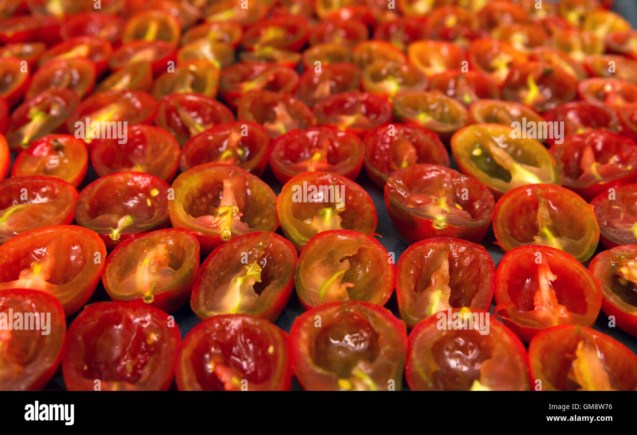 Halbfertige sonnengetrocknete Tomaten in der Pfanne (Nahaufnahme) Stockfoto