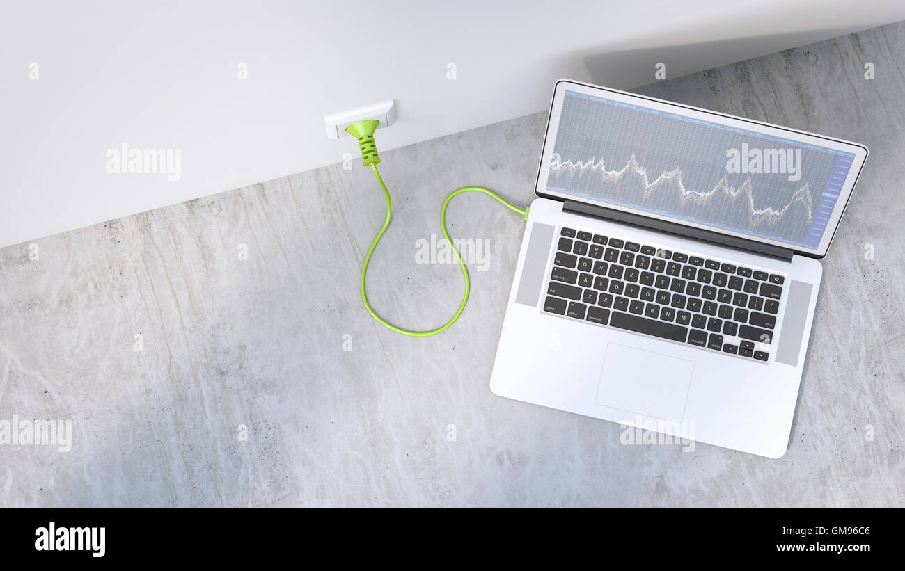 3D-Rendering, Laptop mit grünen Kabel, saubere Energie Stockfoto