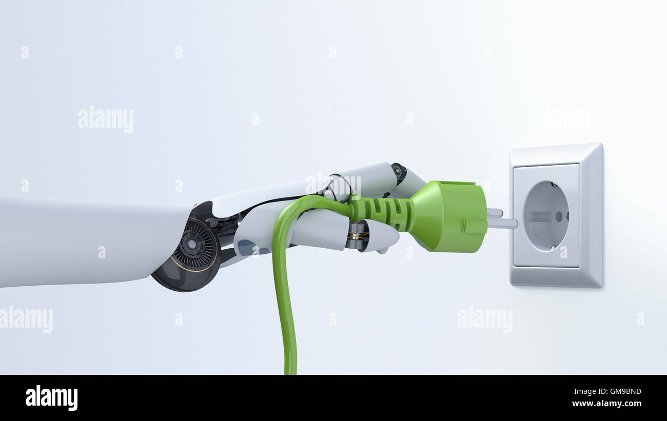 Roboterhand mit grünen Stecker, Steckdose, 3D Rendering Stockfoto