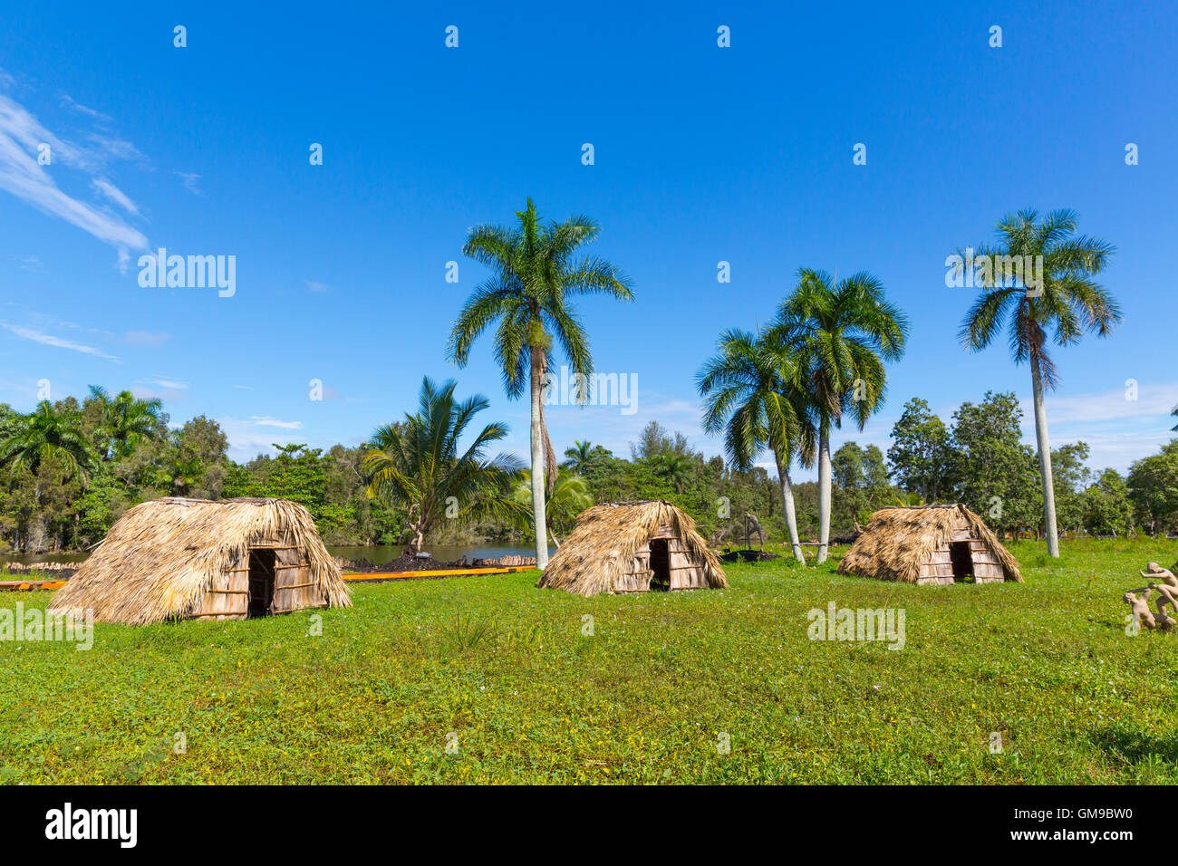 Zapata Halbinsel, Guama, strohgedeckten Hütten, Rekonstruktion der Tiano Indianerdorf Stockfoto