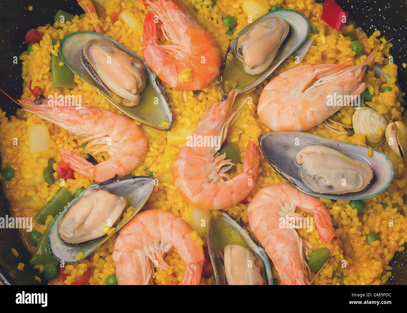 Paella-traditionelle spanische Gericht Hintergrund Stockfoto