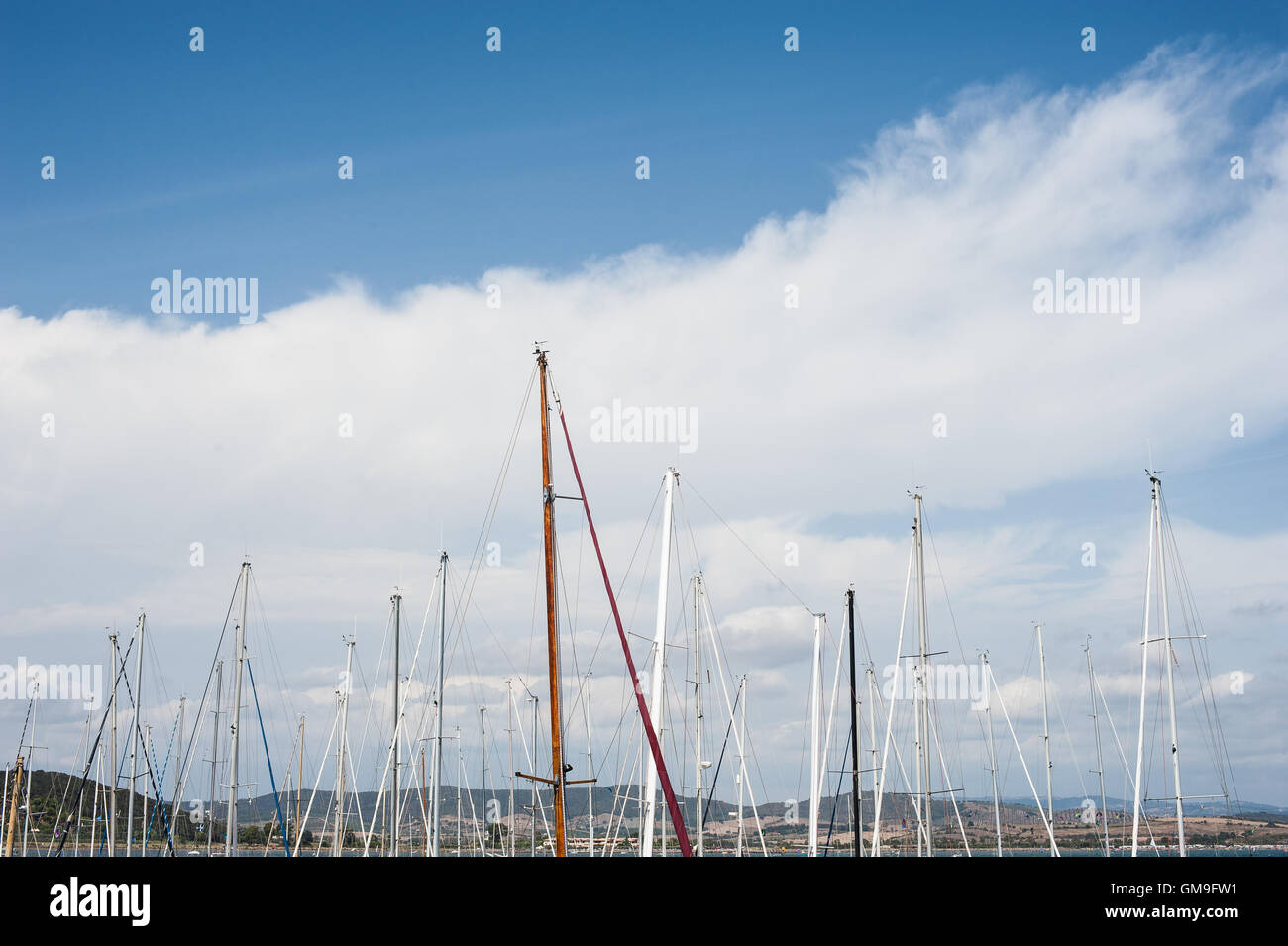 Viele Segelboot Mast Tipps hoch am blauen Himmel und große weiße Wolke mit Küste im Hintergrund Stockfoto