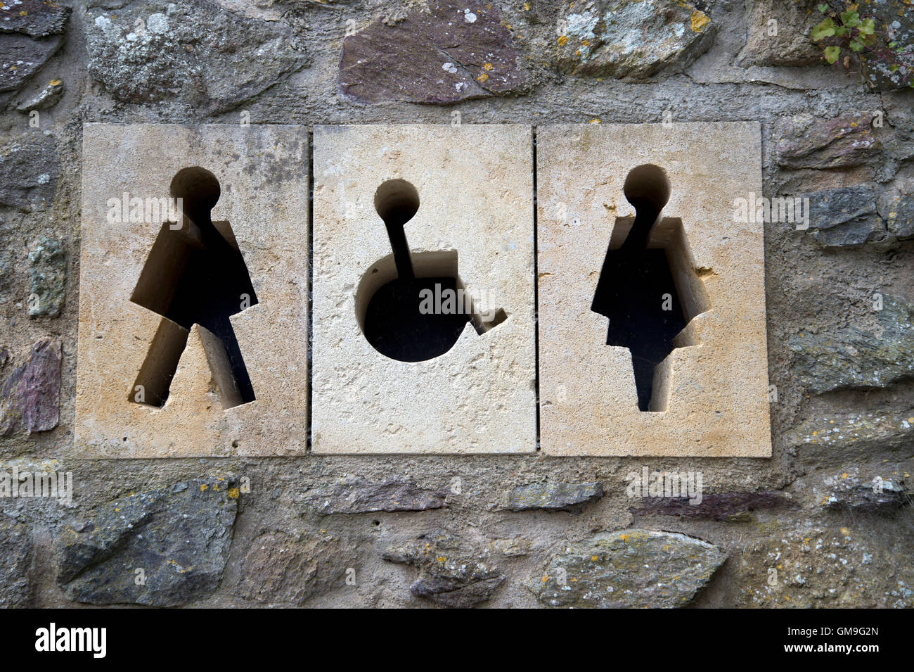 St. Davids Pembroke Wales. Schild für Toiletten, gemeißelt in Stein mit Symbolen für Mann, Frau, deaktiviert Stockfoto