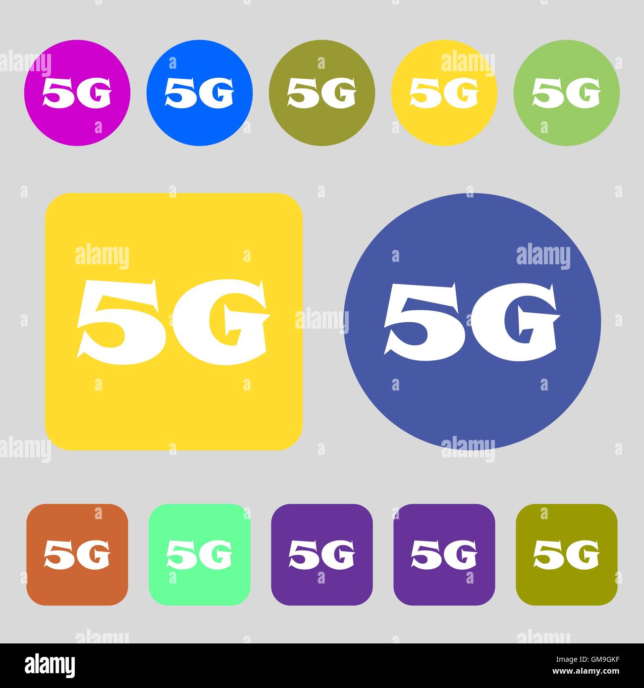 5G Zeichen Symbol. Mobilfunk-Technologie-Symbol. 12 farbige Tasten. Flaches Design. Vektor Stock Vektor