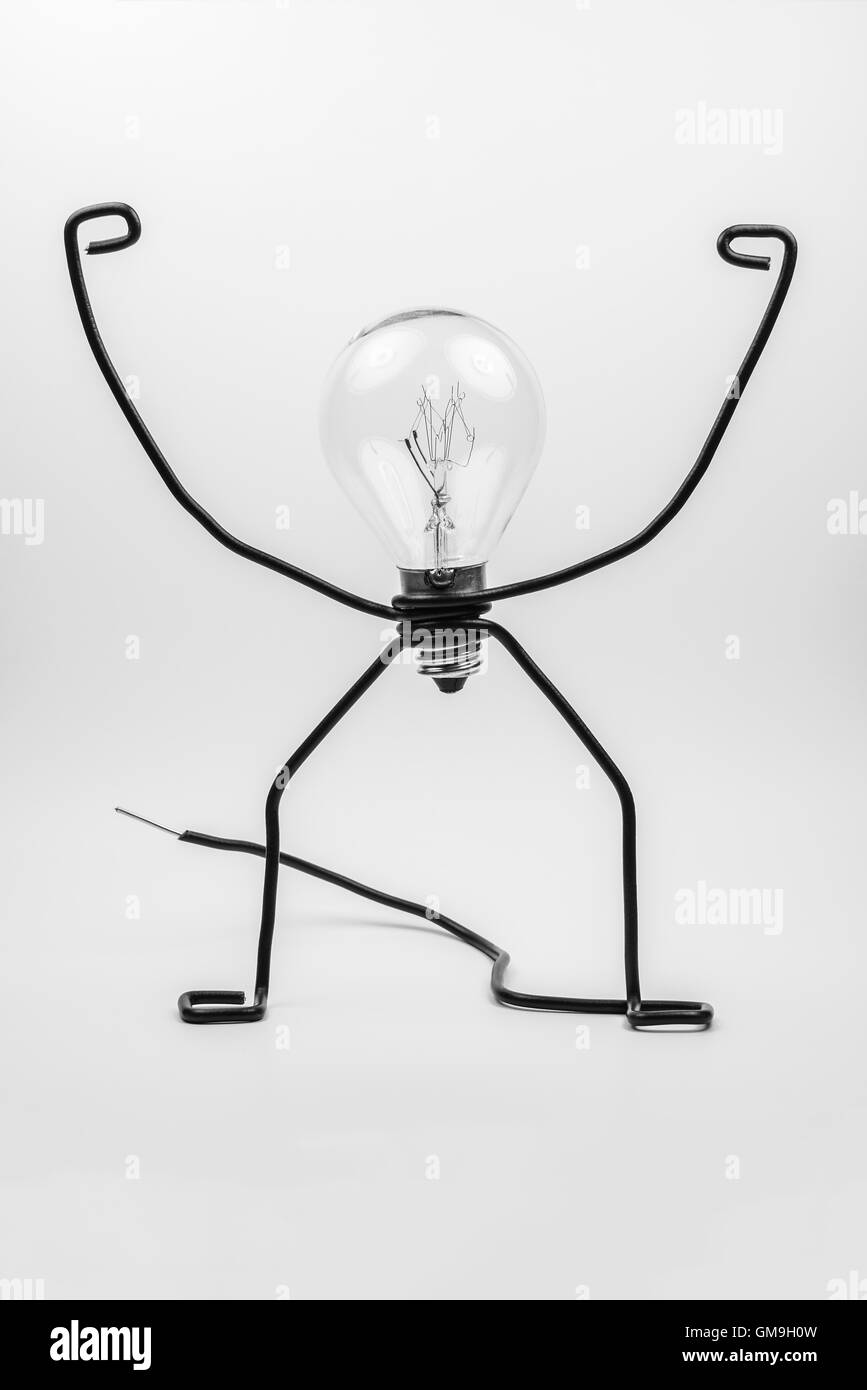 Emotionale Fantasiefigur eine Glühbirne transparent und schwarz elektrische Leitungen Stockfoto
