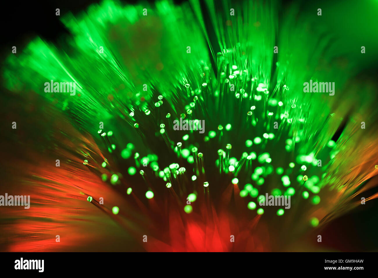 Reihe von leuchtenden roten und grünen LWL-Kabel Stockfoto