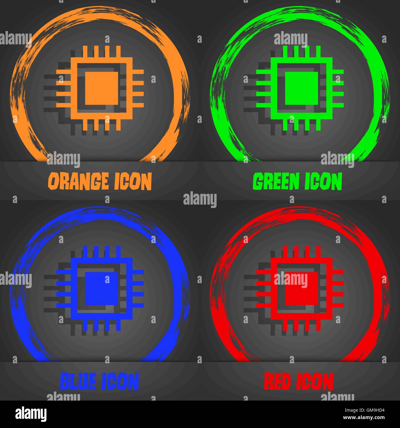 Central Processing Unit Symbol. Technologie Regelung Kreissymbol. Modernen Stil. In den Orange, Grün, Blau, Rot Design. Vektor Stock Vektor