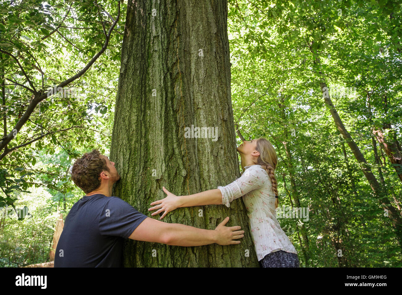 Paar umarmt Baum Stockfoto