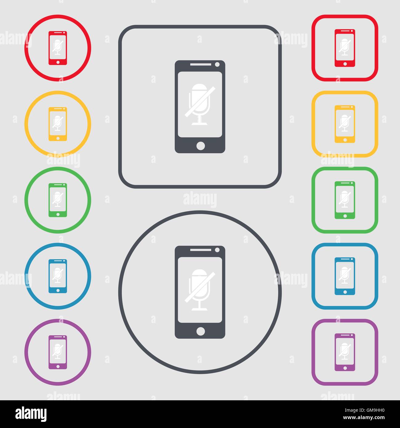 Kein Mikrofon-Schild-Symbol. Lautsprecher-Symbol. Symbole auf der Runde und Platz-Tasten mit Rahmen. Vektor Stock Vektor