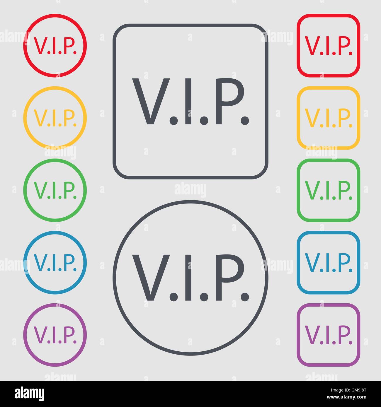 VIP-Zeichen Symbol. Mitgliedschaft-Symbol. Sehr wichtige Person. Symbole auf der Runde und Platz-Tasten mit Rahmen. Vektor Stock Vektor