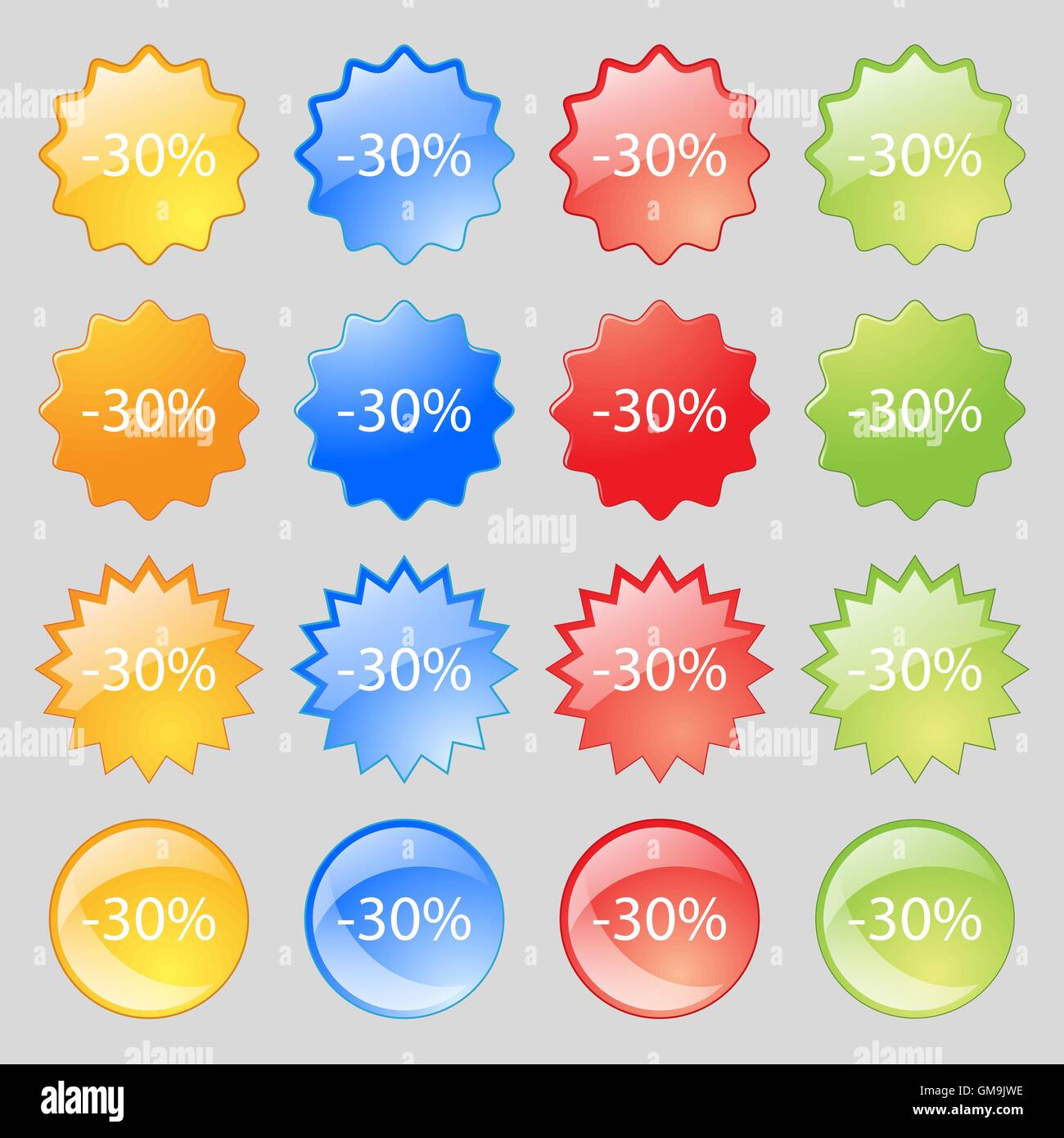 30 Prozent Rabatt Zeichen Symbol. Verkauf-Symbol. Sonderangebot-Label. Große Reihe von 16 bunte moderne Schaltflächen für Ihr Design. Vektor Stock Vektor