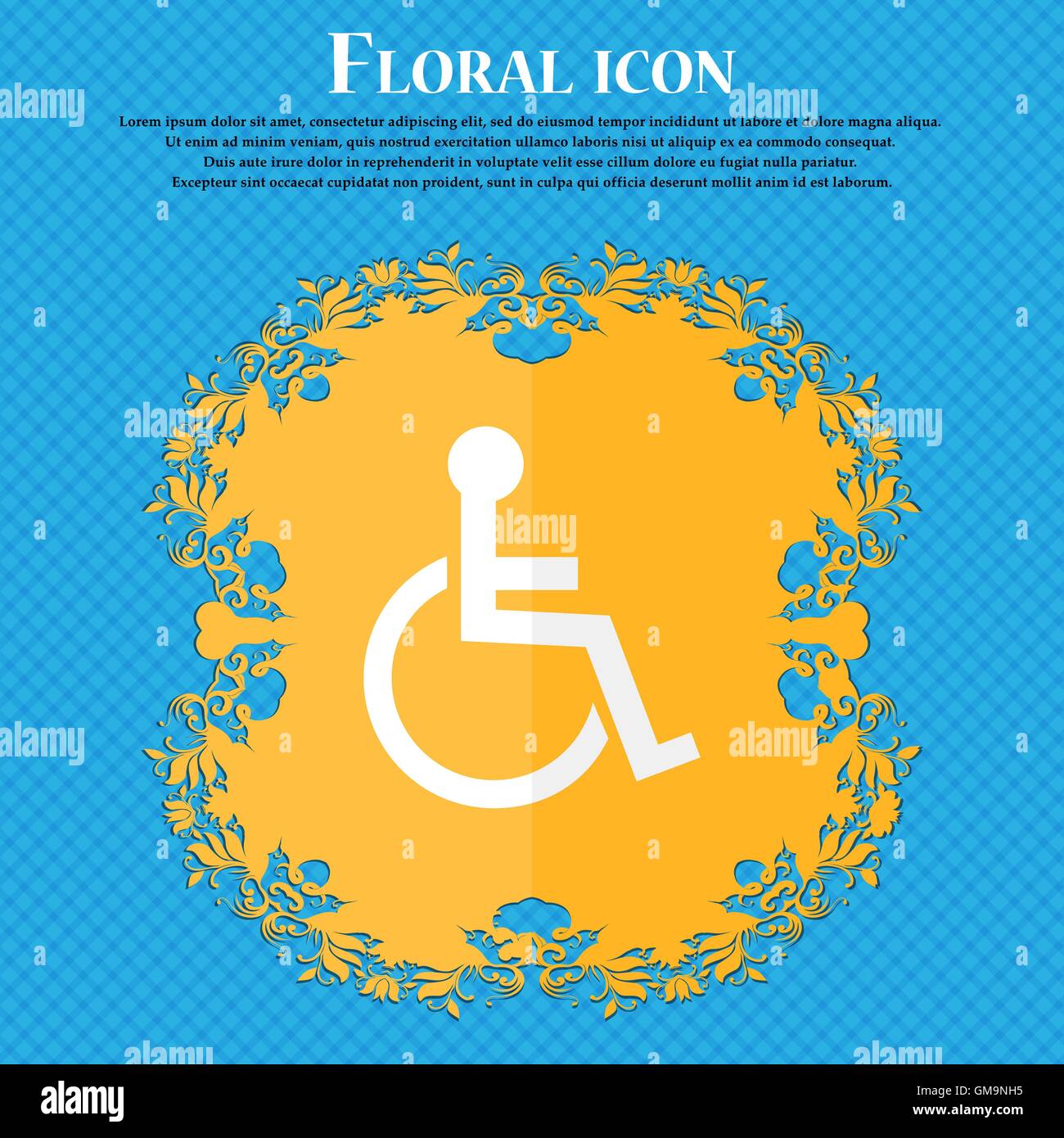 Deaktiviert zeichen Symbol. Menschen auf der Rollstuhl Symbol. Behinderte ungültige Zeichen. Florale flache Bauweise auf einem blauen Abstrakt Hintergrund mit Platz für Ihren Text. Vektor Stock Vektor