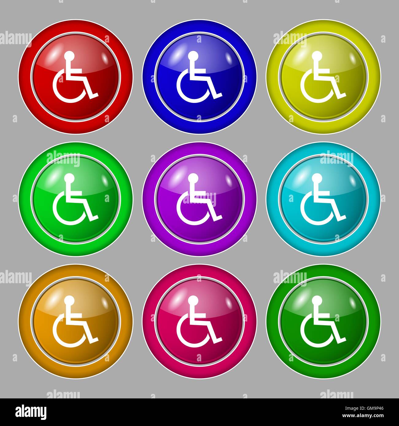 Deaktivierte Schild-Symbol. Mensch auf dem Rollstuhl-Symbol. Behinderte ungültige Zeichen. Symbol auf neun Runden bunte Knöpfen. Vektor Stock Vektor