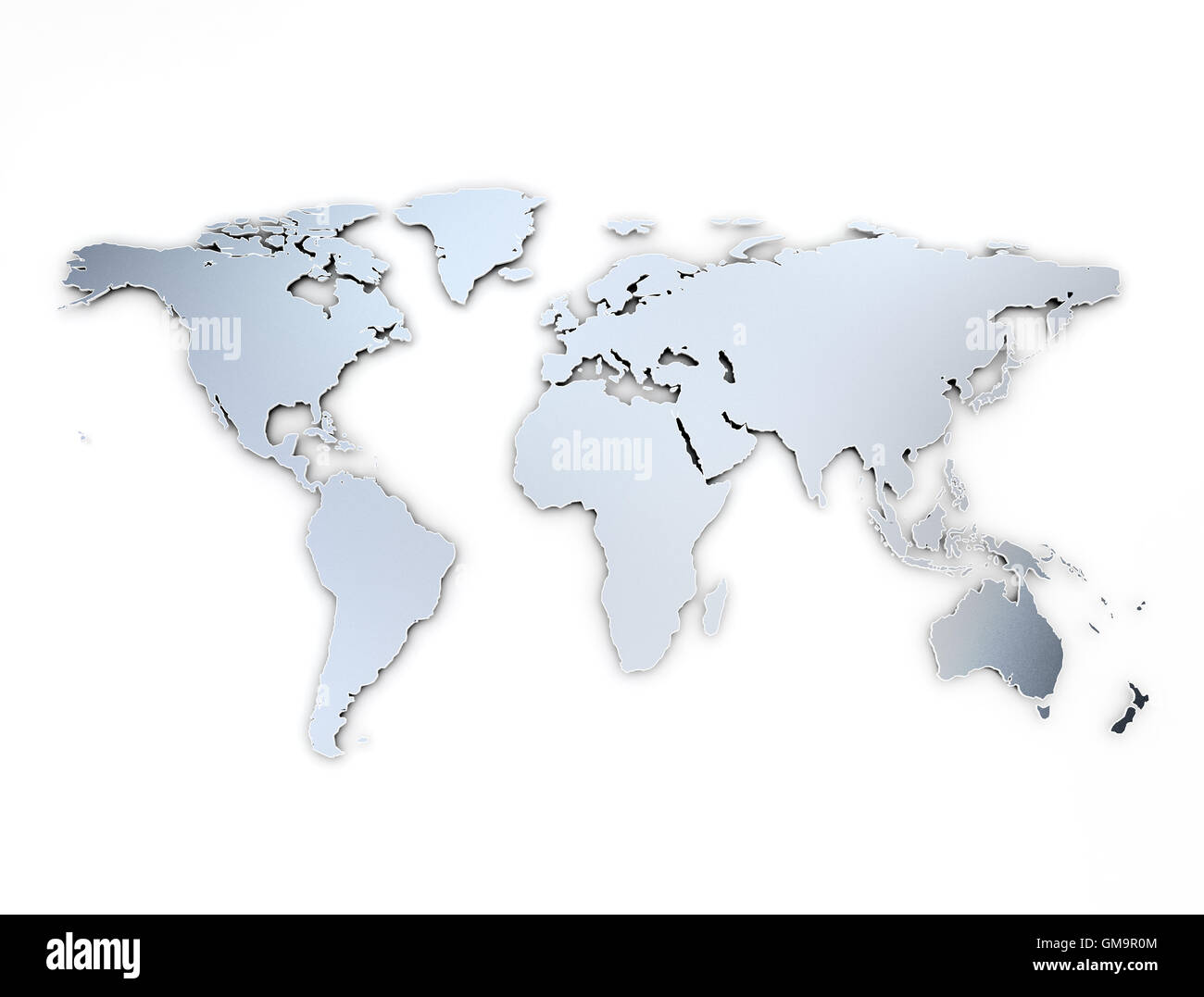 Welt Karte Metall Textur mit Schatten auf weißem Hintergrund Stockfoto