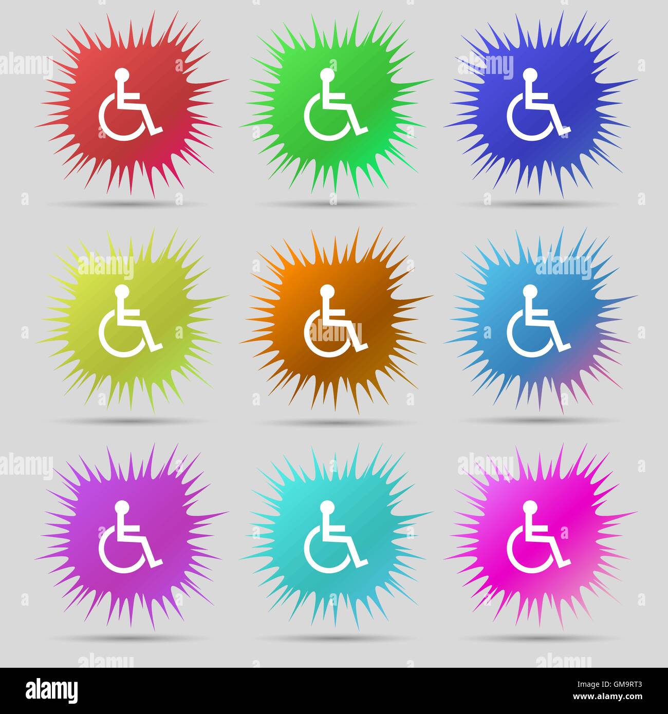 Deaktivierte Schild-Symbol. Mensch auf dem Rollstuhl-Symbol. Behinderte ungültige Zeichen. Neun original Nadel Buttons. Vektor Stock Vektor