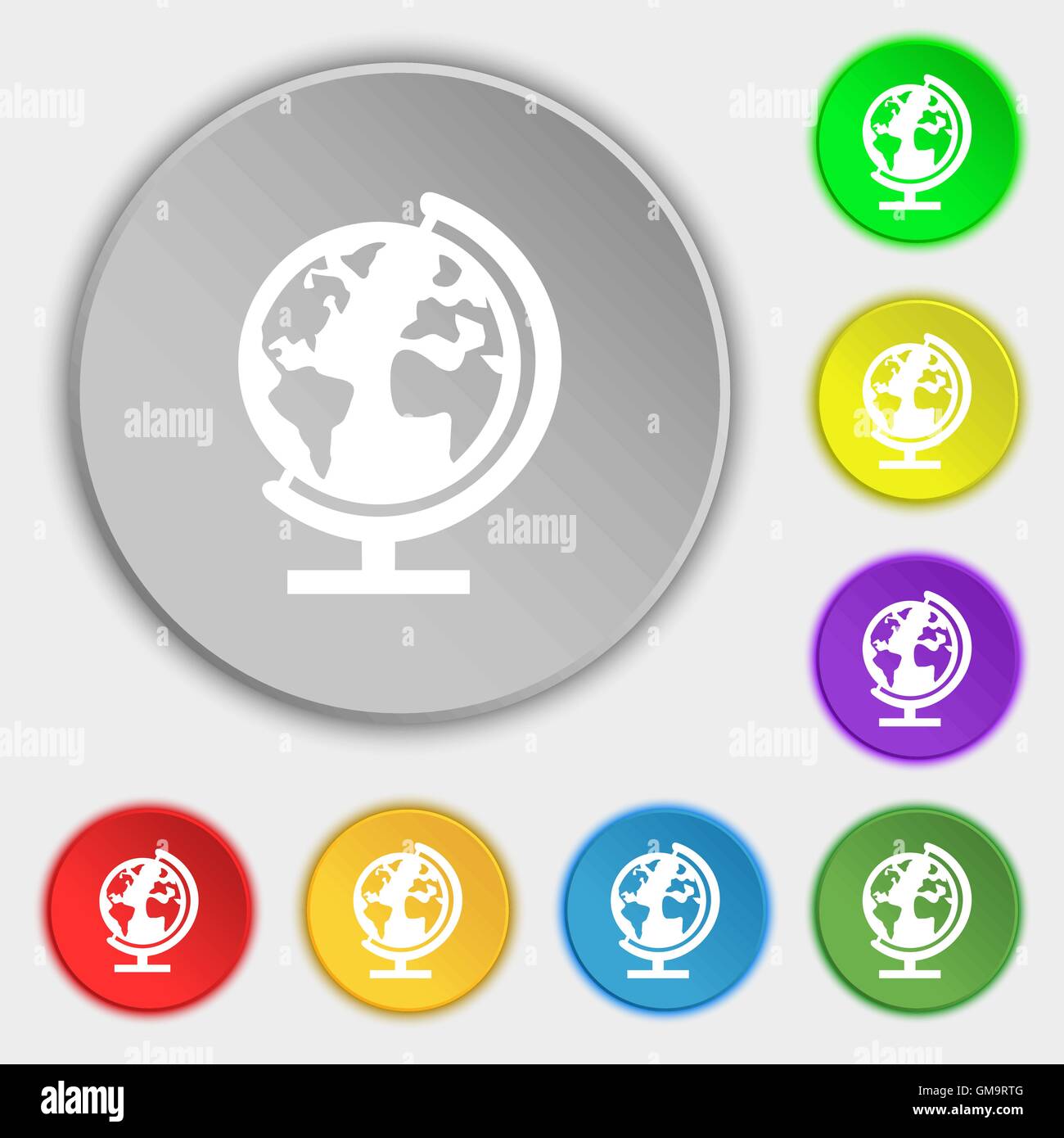Schild "Weltkugel"-Symbol. Welt-Karte-Geographie-Symbol. Globen auf Stand für das Studium. Symbole auf acht flachen Tasten. Vektor Stock Vektor