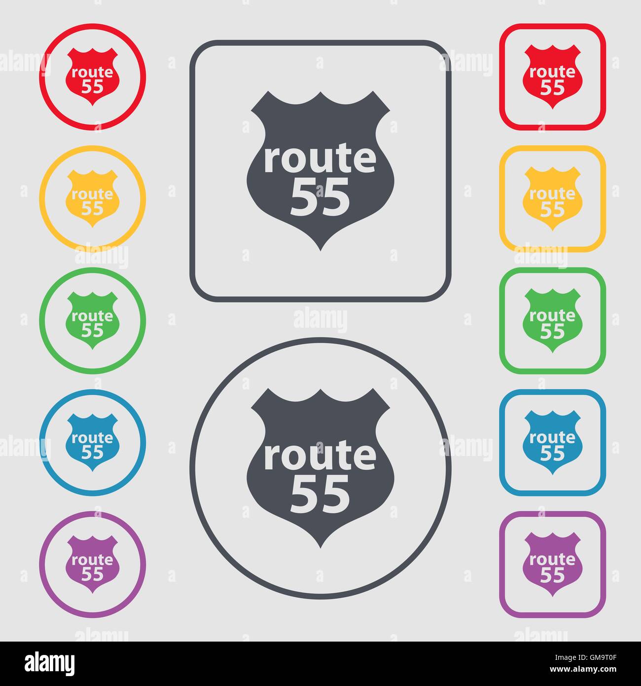 Route 55 Autobahn Symbol Zeichen. Symbole auf der Runde und Platz-Tasten mit Rahmen. Vektor Stock Vektor