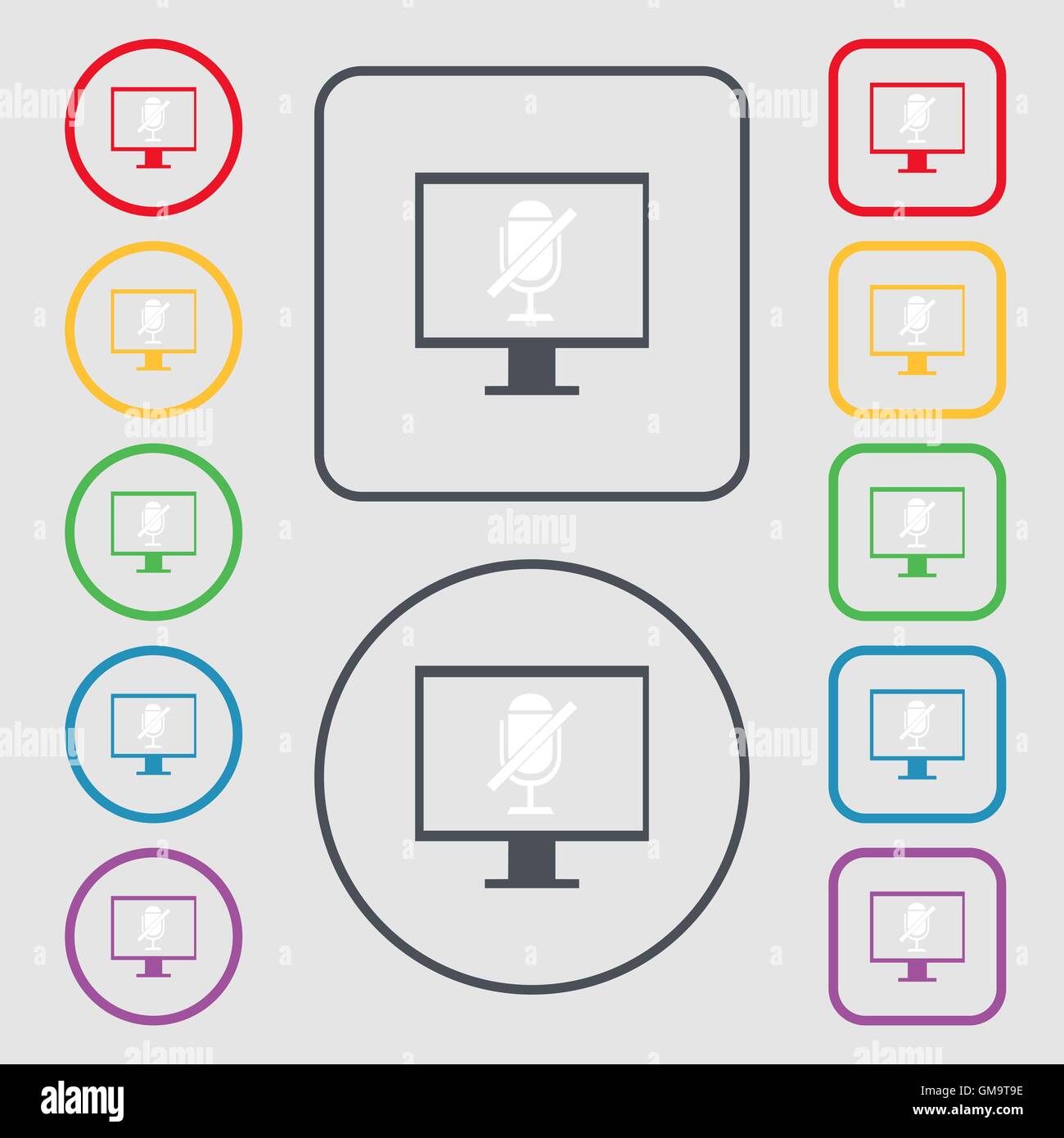 Kein Mikrofon-Schild-Symbol. Lautsprecher-Symbol. Symbole auf der Runde und Platz-Tasten mit Rahmen. Vektor Stock Vektor