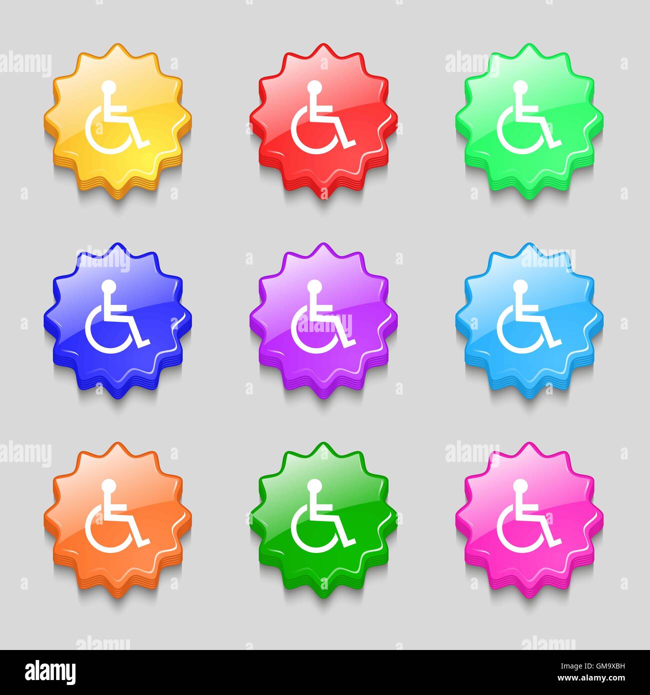 Deaktivierte Schild-Symbol. Mensch auf dem Rollstuhl-Symbol. Behinderte ungültige Zeichen. Symbole auf neun wellig bunten Knöpfen. Vektor Stock Vektor