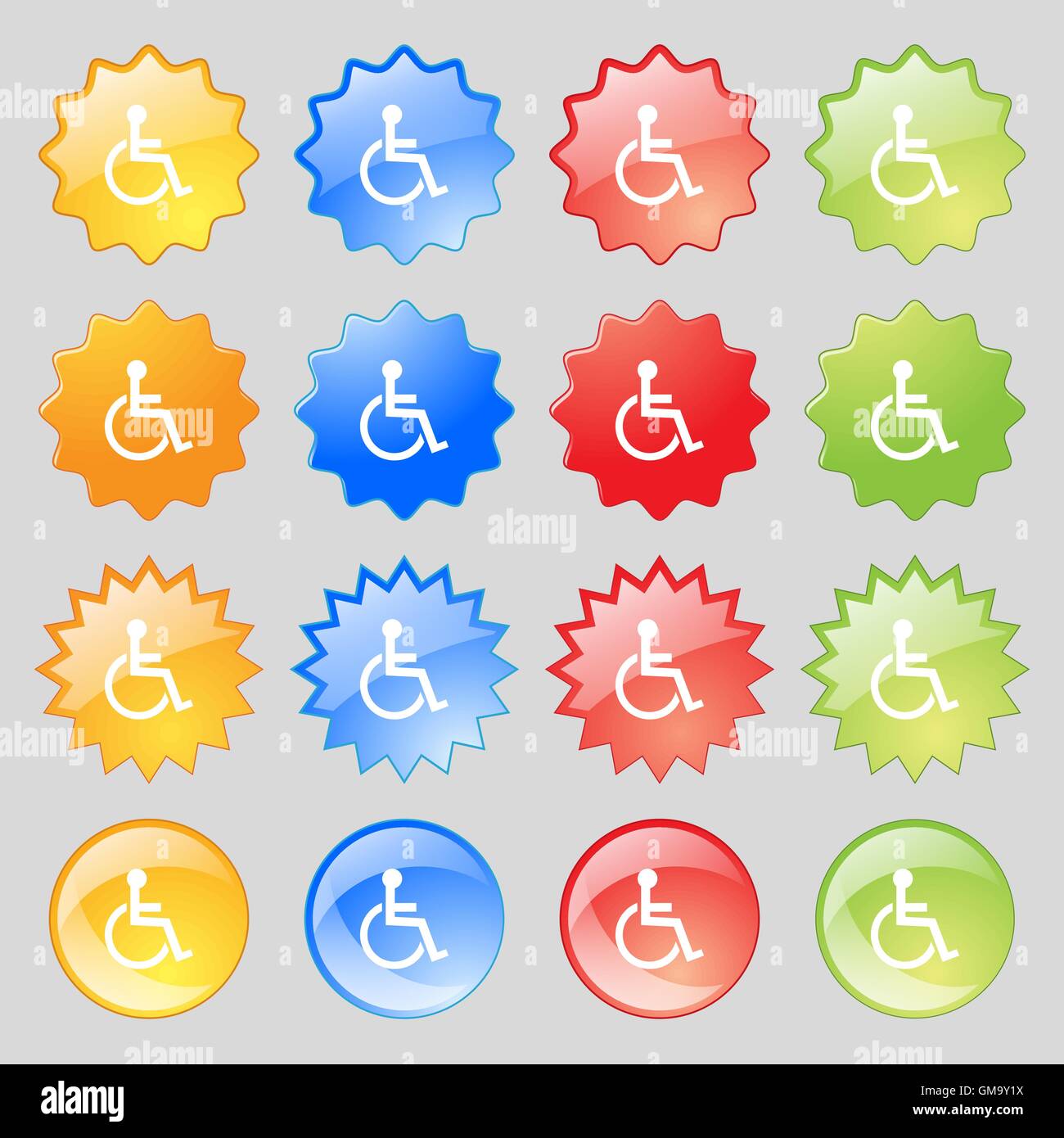 Deaktiviert zeichen Symbol. Menschen auf der Rollstuhl Symbol. Behinderte ungültige Zeichen. Großer Satz von 16 farbenfrohen modernen Tasten für Ihr Design. Vektor Stock Vektor
