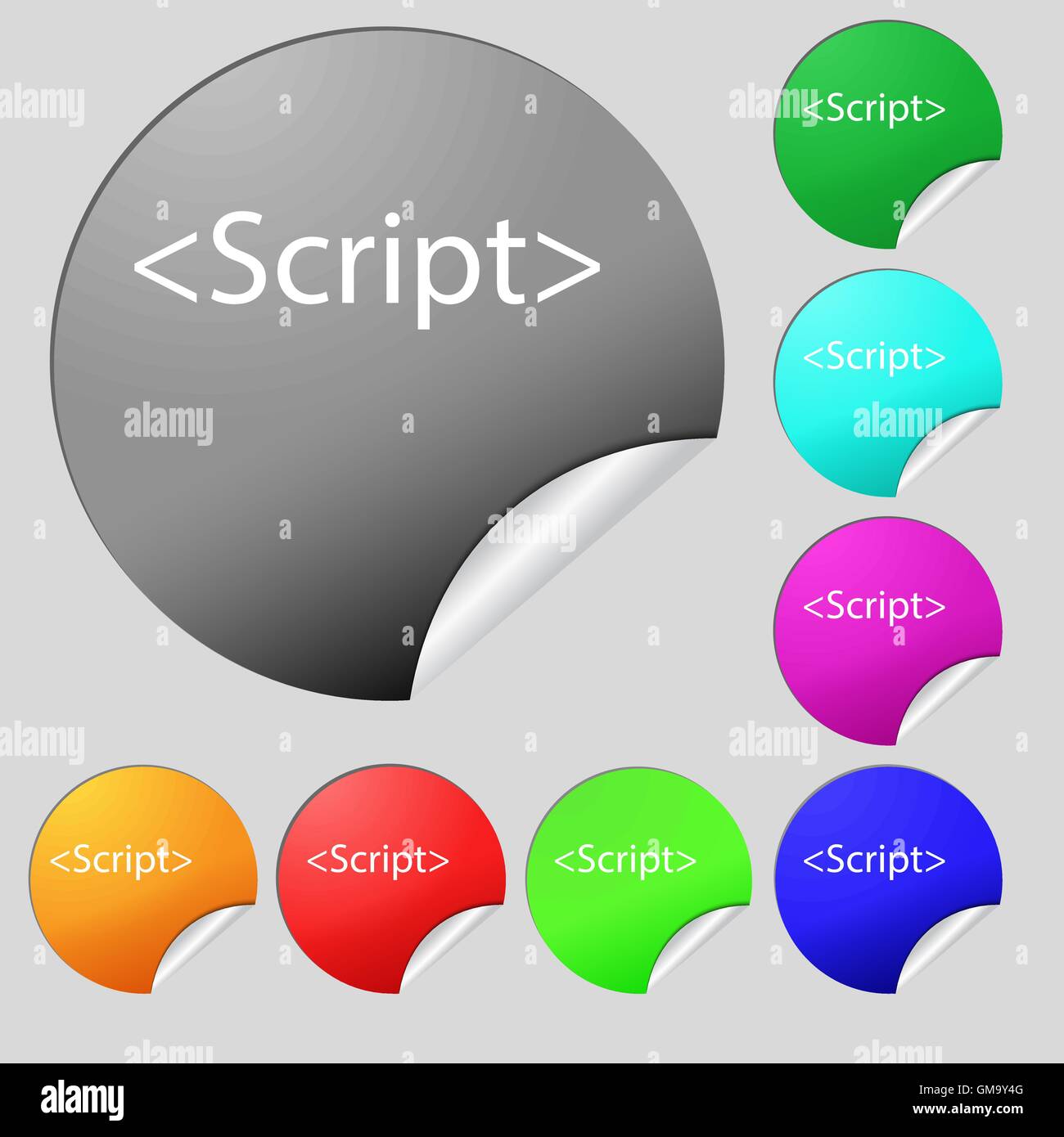 Skript-Schild-Symbol. JavaScript Codesymbol. Satz von acht Multi farbige Runde Buttons, Aufkleber. Vektor Stock Vektor