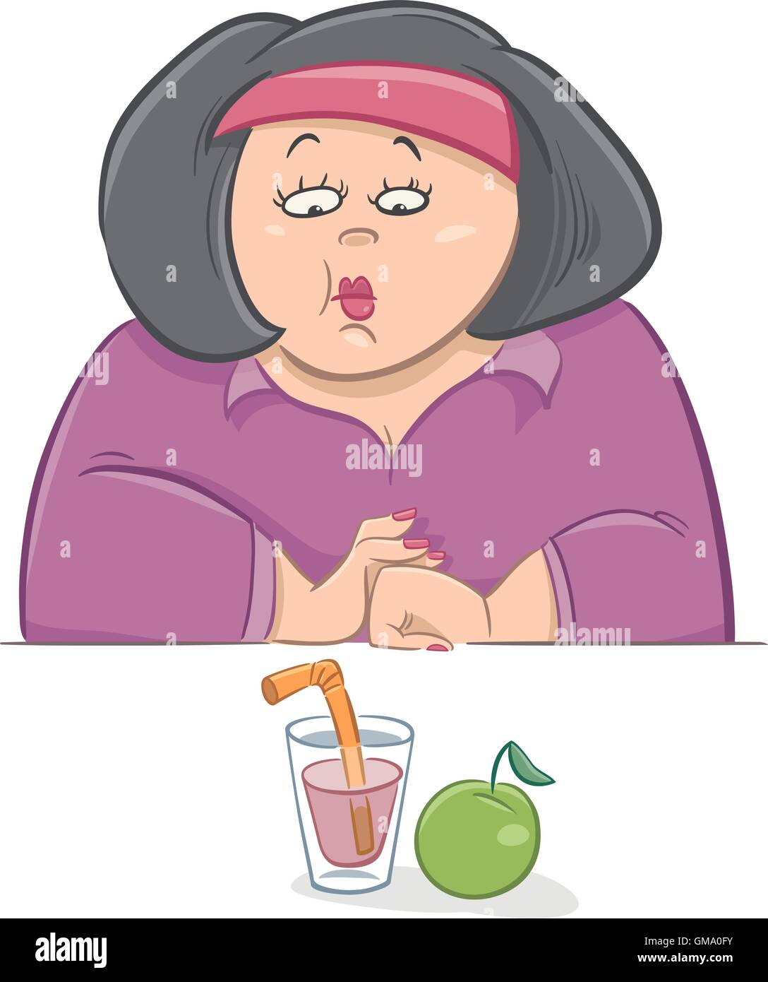 Cartoon humorvolle Illustration der unglückliche Frau auf Diät mit ihr Mittagessen Stock Vektor