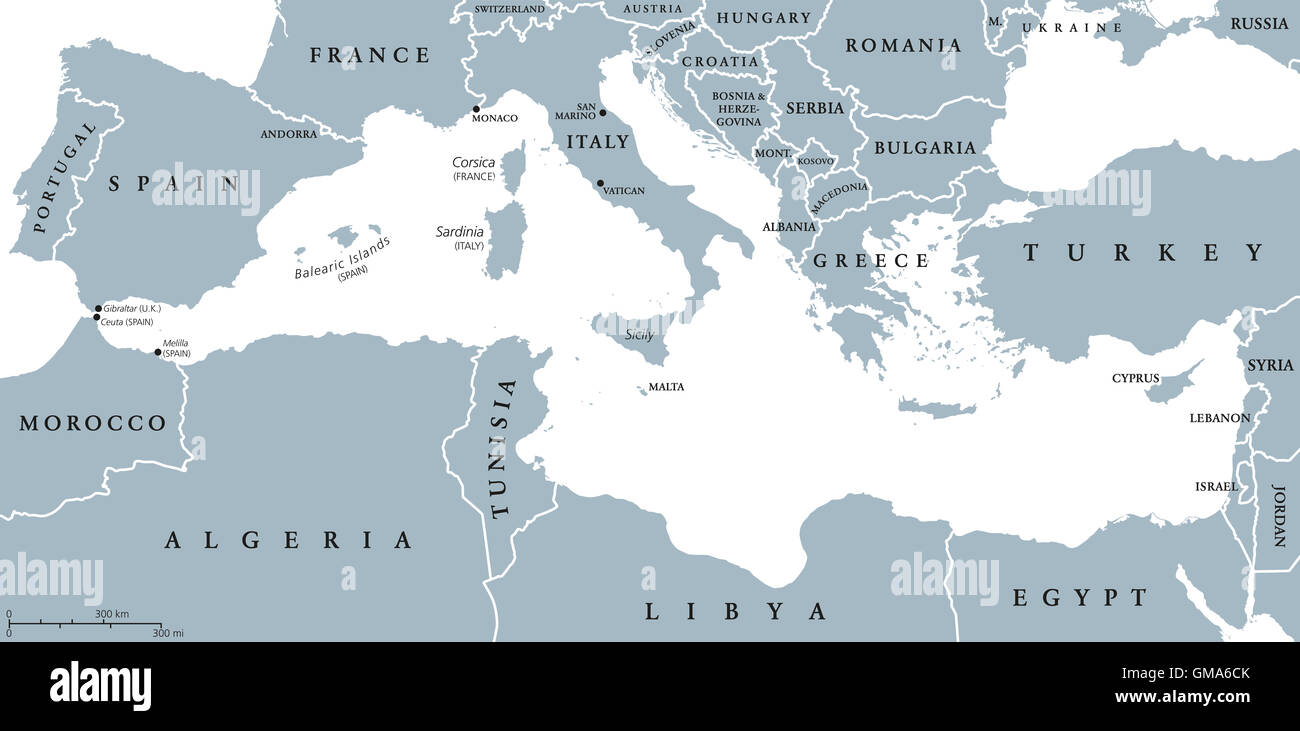 Mittelmeer Region Länder politische Karte mit nationalen Grenzen. Südeuropa, Nordafrika und Vorderasien. Stockfoto