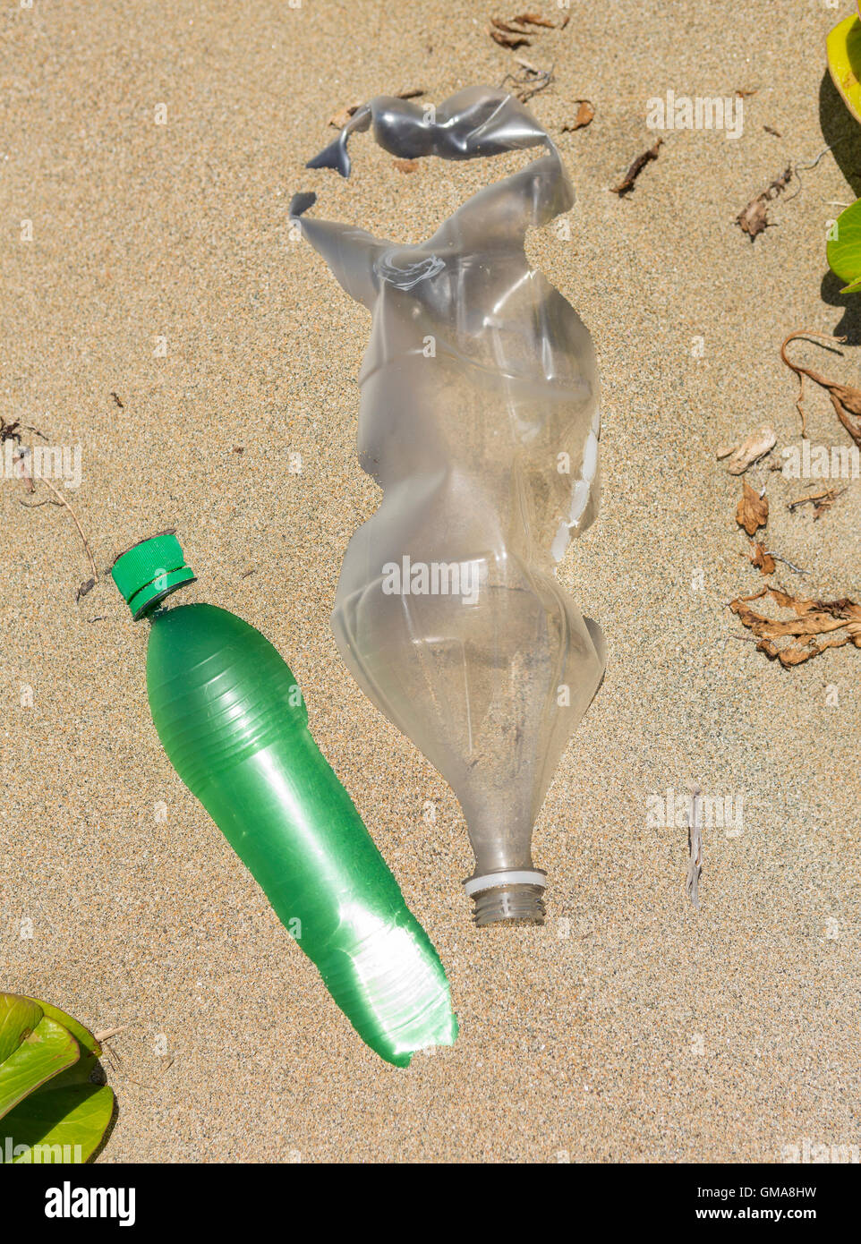 Dominikanische Republik - Müll am Strand, Kunststoff-Flaschen und Müll, in der Nähe der Mündung des Yasica Flusses. Stockfoto